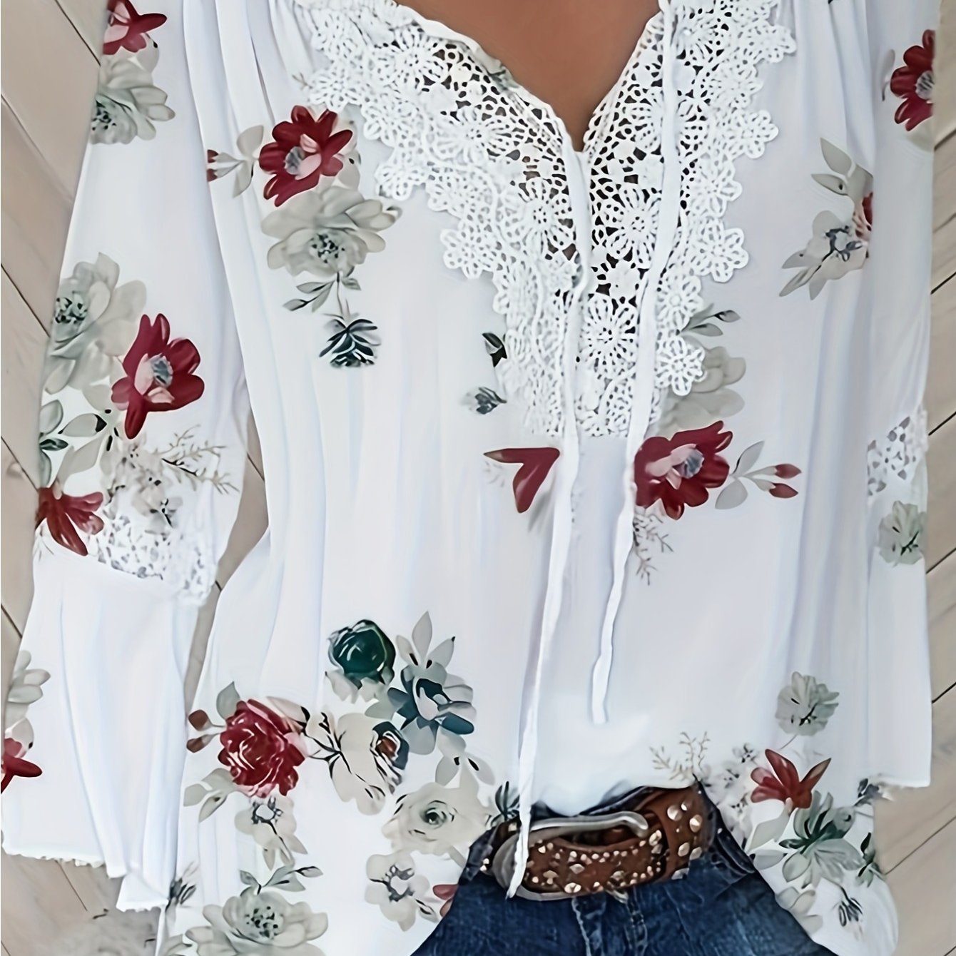 Image of Plus Size - Plus Size - Plus Size Floral Print Top - Beautiful Lace Trim, Lace Tie Front, Long Sleeve, Casual Blouse - Plus Size Women's Clothing
