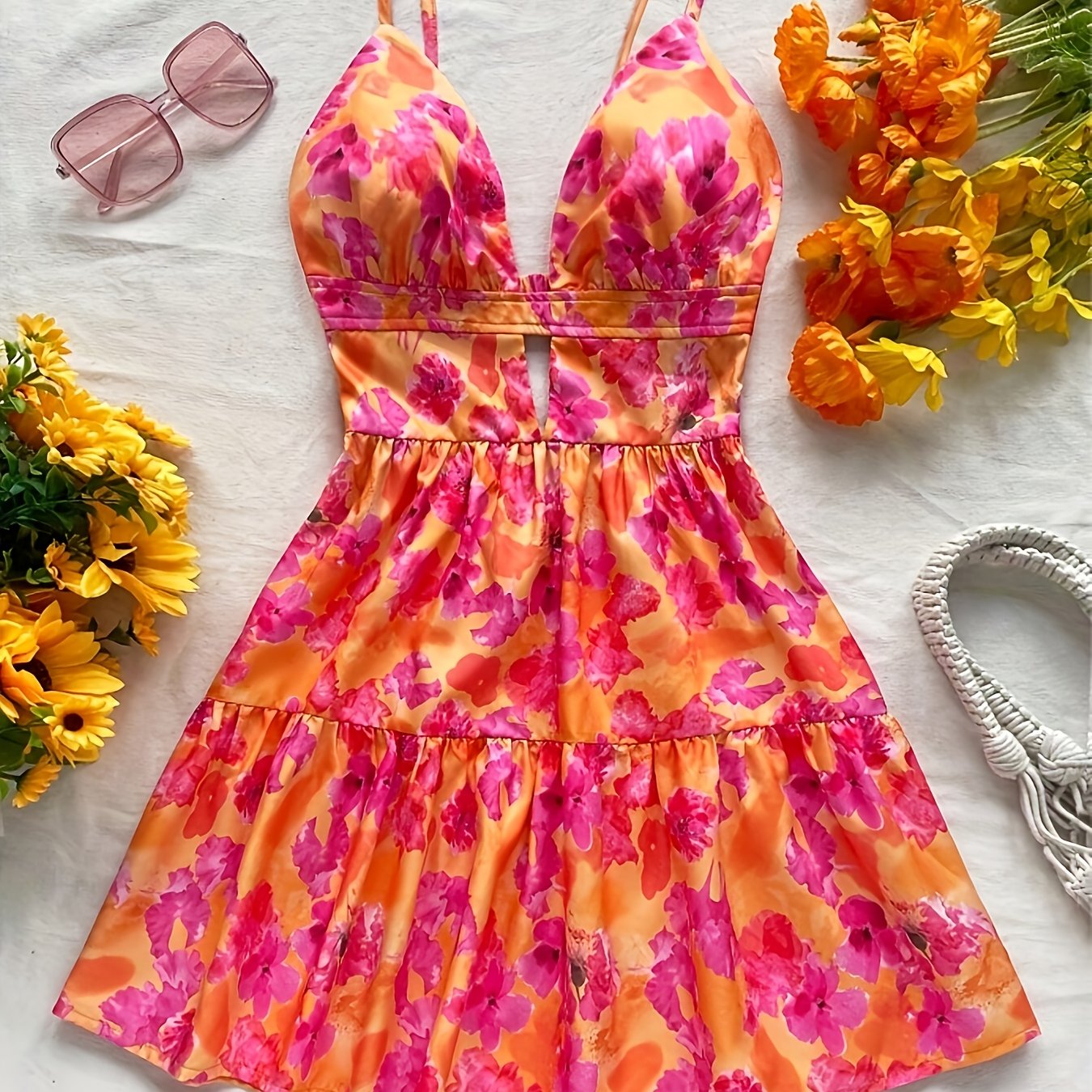 Women's Hollow-out Backless Floral Dress