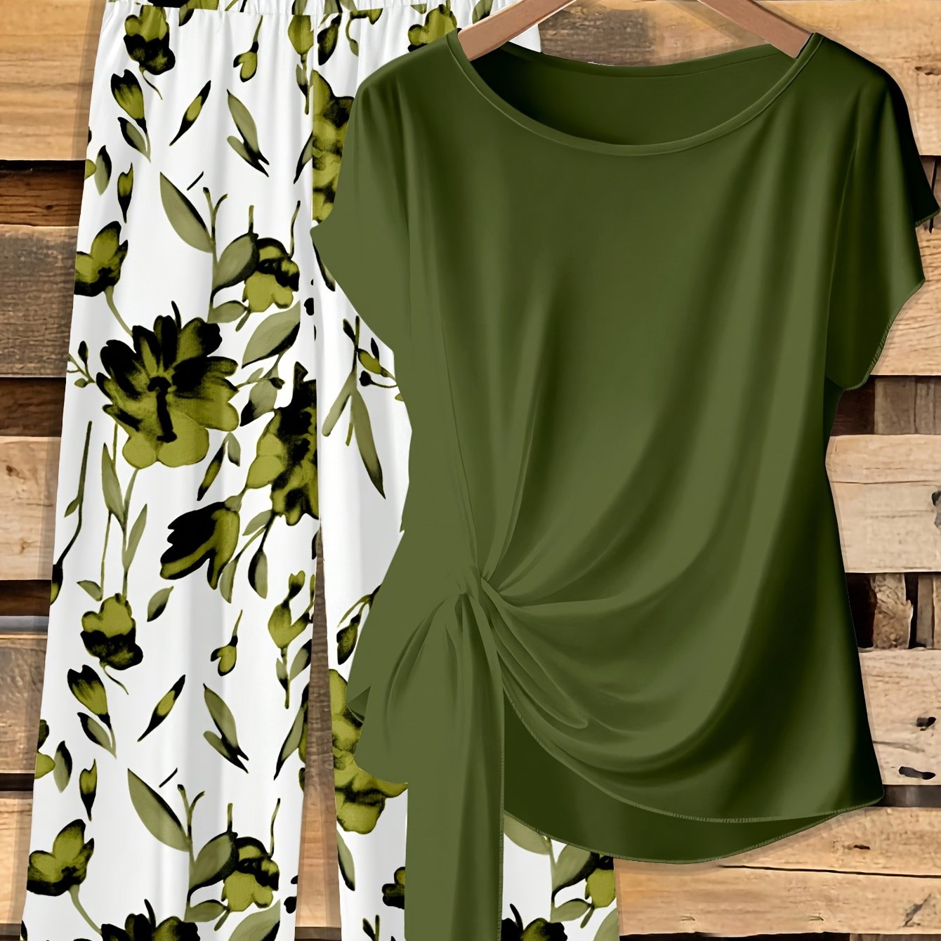 TEMU Plus Size, Plus Size Women's 2pcs Set: Solid Color Top With Printed Vintage Style Casual Pants, Elegant Plus Size Outfit For Summer Outdoor Wear