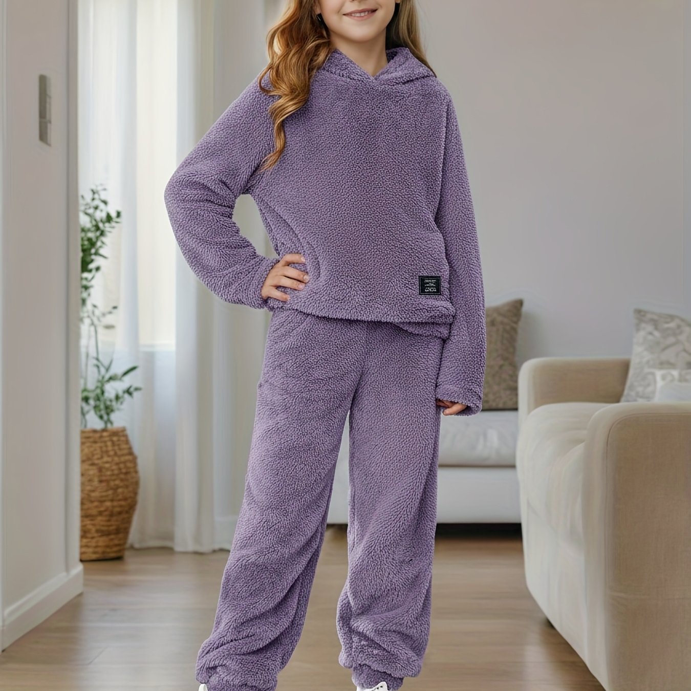 Image of Youth Fashion Letter Hooded Faux Fur Fleece Warm Long Sleeve Sweatshirt Top And Faux Fur Long Pants 2pcs Set Outfit, For Outdoor, Autumn Essentials, Christmas, Halloween