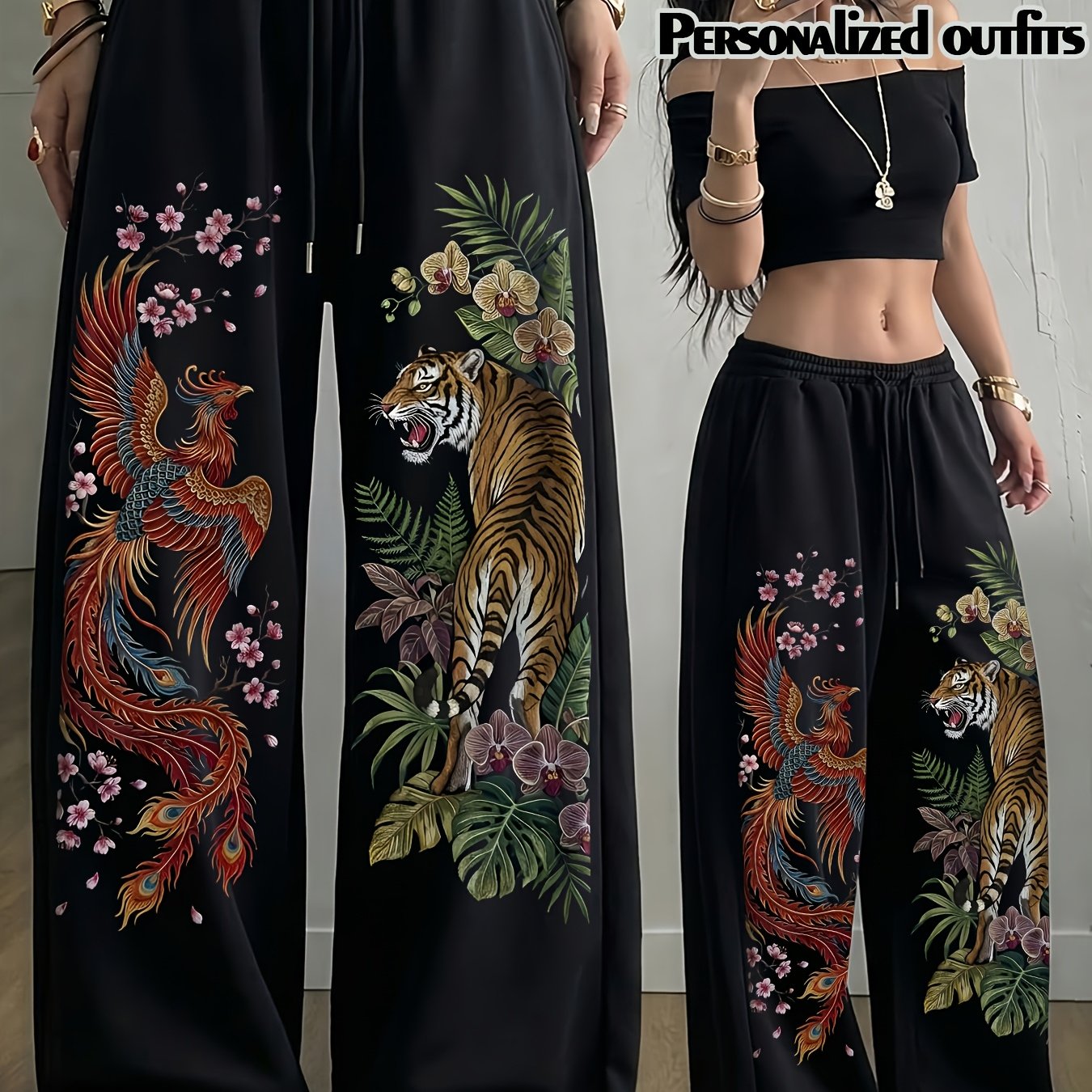 TEMU Spring/summer New Arrival: Phoenix And Tiger Chinese Pants, Drawstring Elastic Waist, Women's Straight Leg Pants