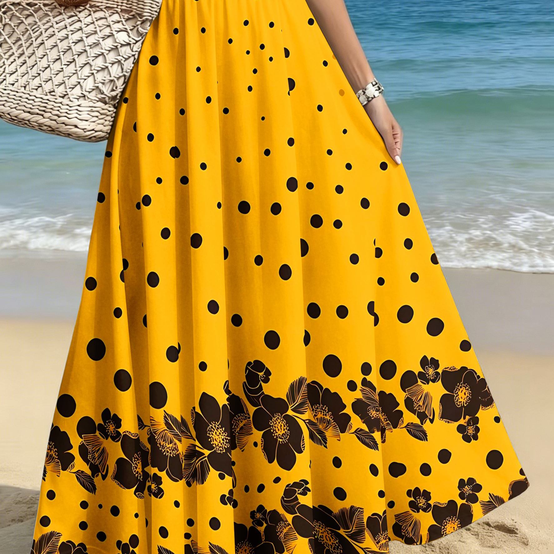 TEMU Plus-size Women's Elegant And Fashionable Midi Skirt, Casual Printed Mid-length Skirt With A Yellow Background And Black Floral Polka Dot Print,