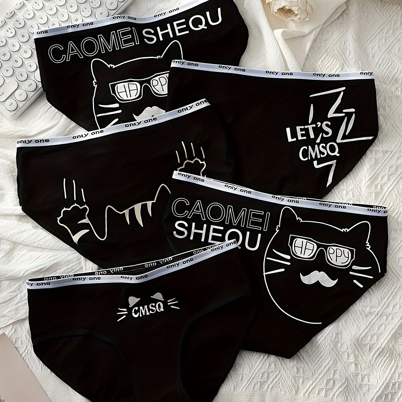Image of 5 Pairs Of Mixed Color Cute Cat Print Women's Briefs English Scarf Belt Women's Panties Breathable Comfortable Bag Hip Panties