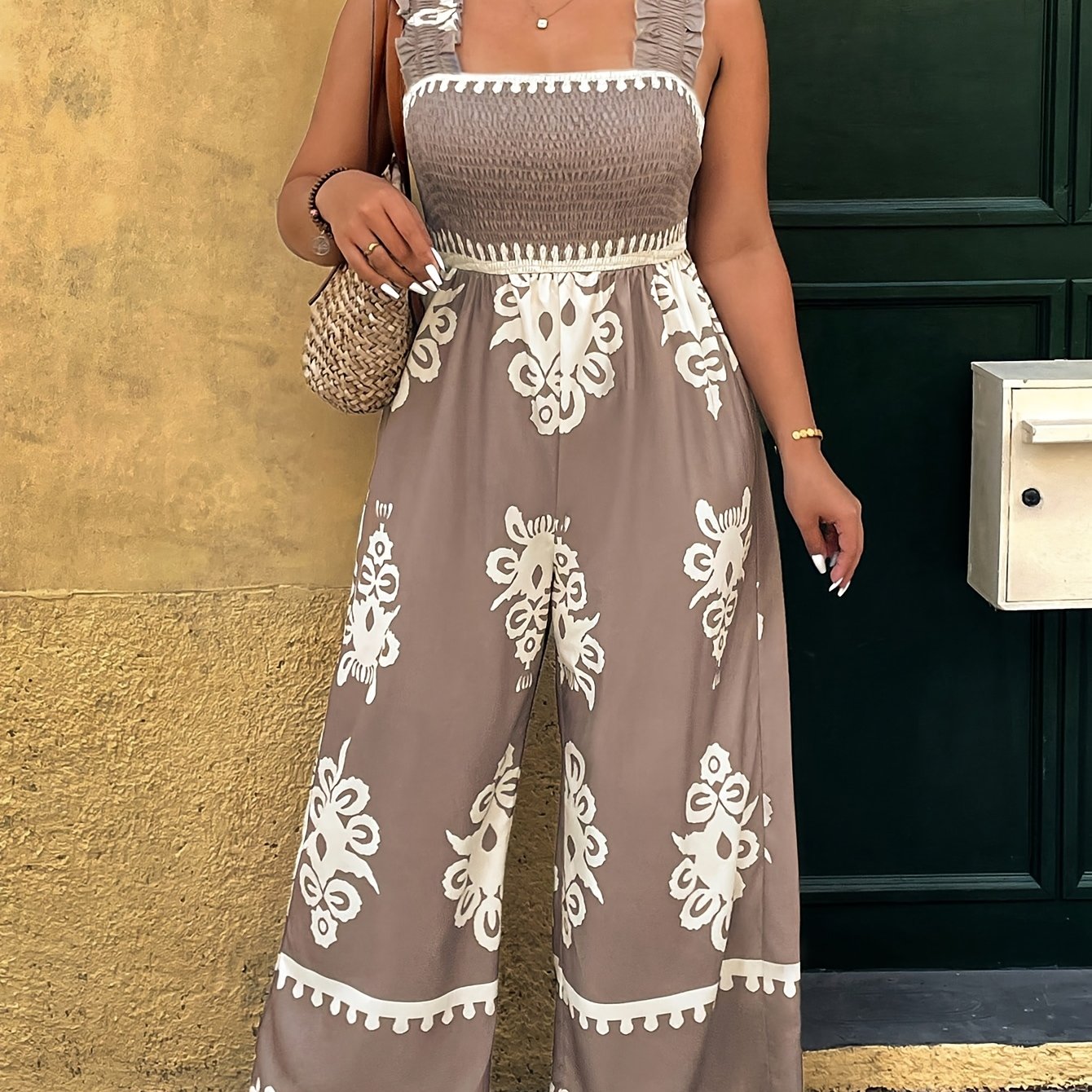 Image of Women's Plus Size Floral Print Sleeveless Jumpsuit With Wide Legs And High Waist - Casual Off-shoulder Design For Spring And Summer , Floral Print Jumpsuit