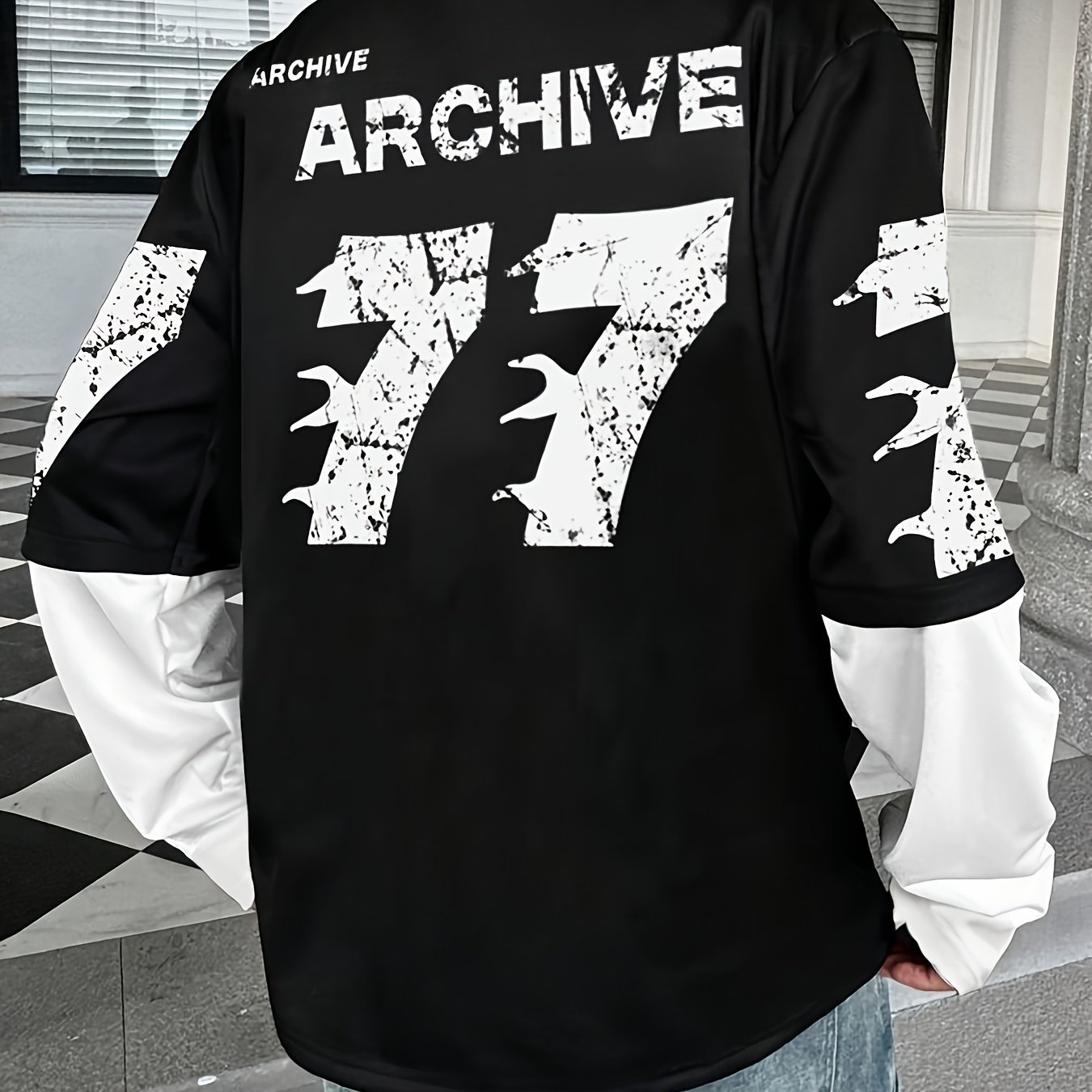 TEMU Men's Spring/autumn Sporty 2-in-1 Look Long Sleeve With 77 Number And Letter Print, Autumn/winter Outdoor Basketball Style