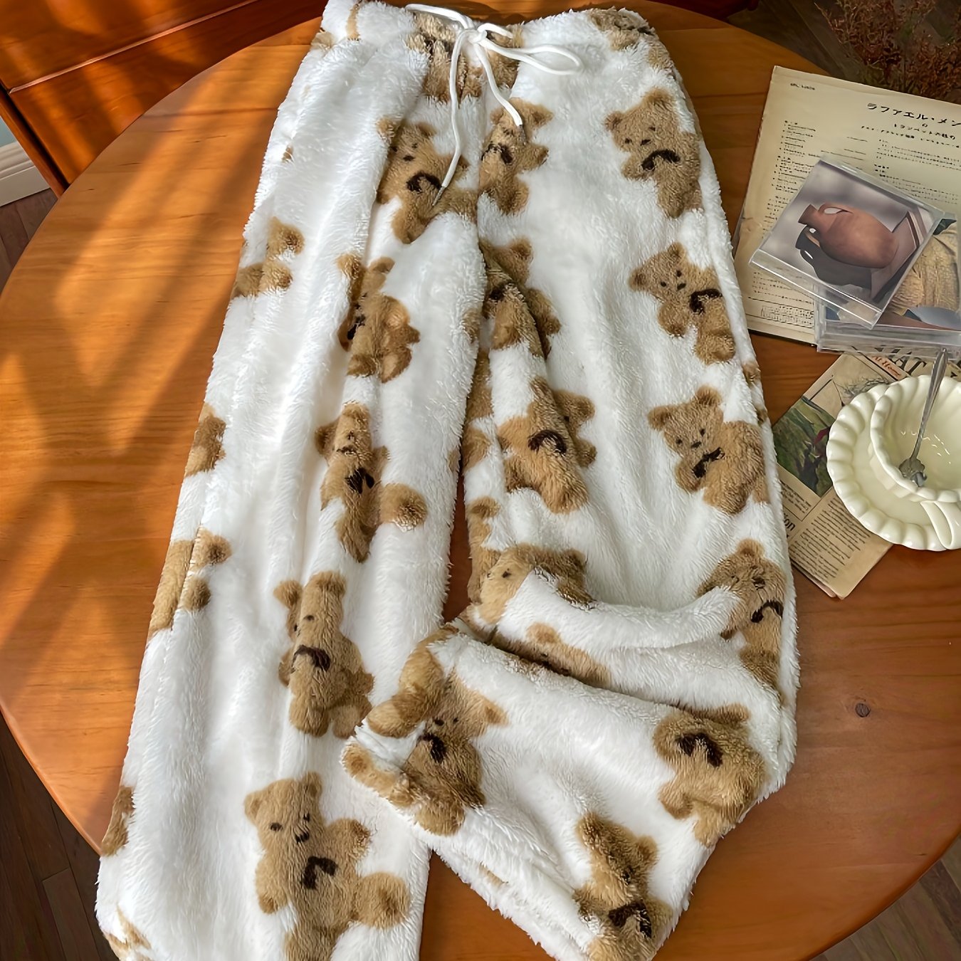 TEMU Women's Winter Warm Plush Bear-paw Wide-leg Pants - Cozy Loose-fit Trousers With Cute Bear & For Color-blocking (if ), Non-stretch Casual
