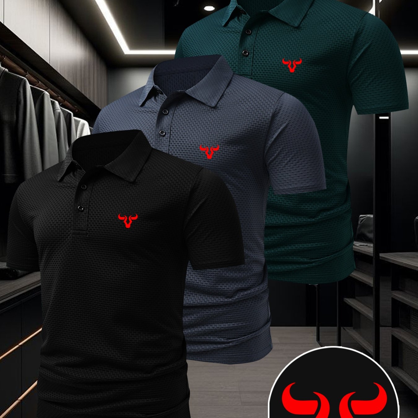 TEMU 3pcs Pattern Plus Size Men's Outdoor Golf, Equestrian Casual Collar Short Sleeve Textured Tattoo Fabric, Mature Men's Business Casual Jacquard