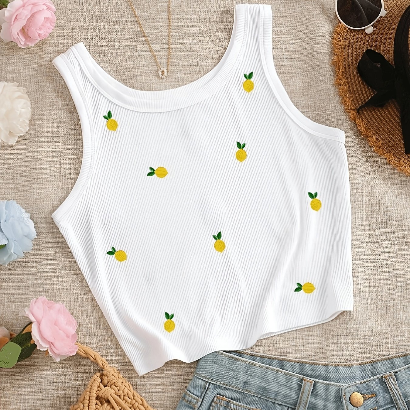 Resyla Women's Lemon Pattern Embroidered Round Neck Vest