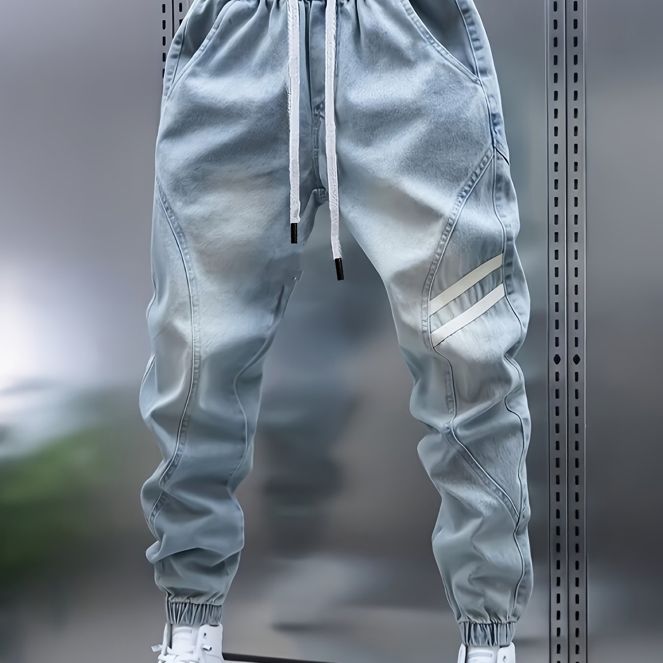 Image of Geng Yuan Trendy Brand New Elastic Waist Casual Striped Tapered Denim Long Pants