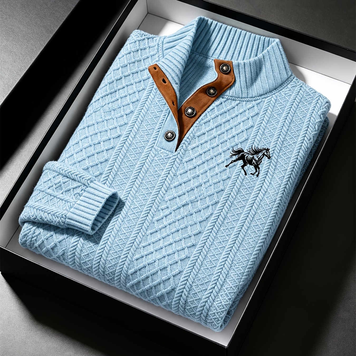 TEMU Pull en jacquard pour homme, motif cheval osseux, petit col boutonné, haut chaud à manches longues avec ourlet épaule, idéal pour les et