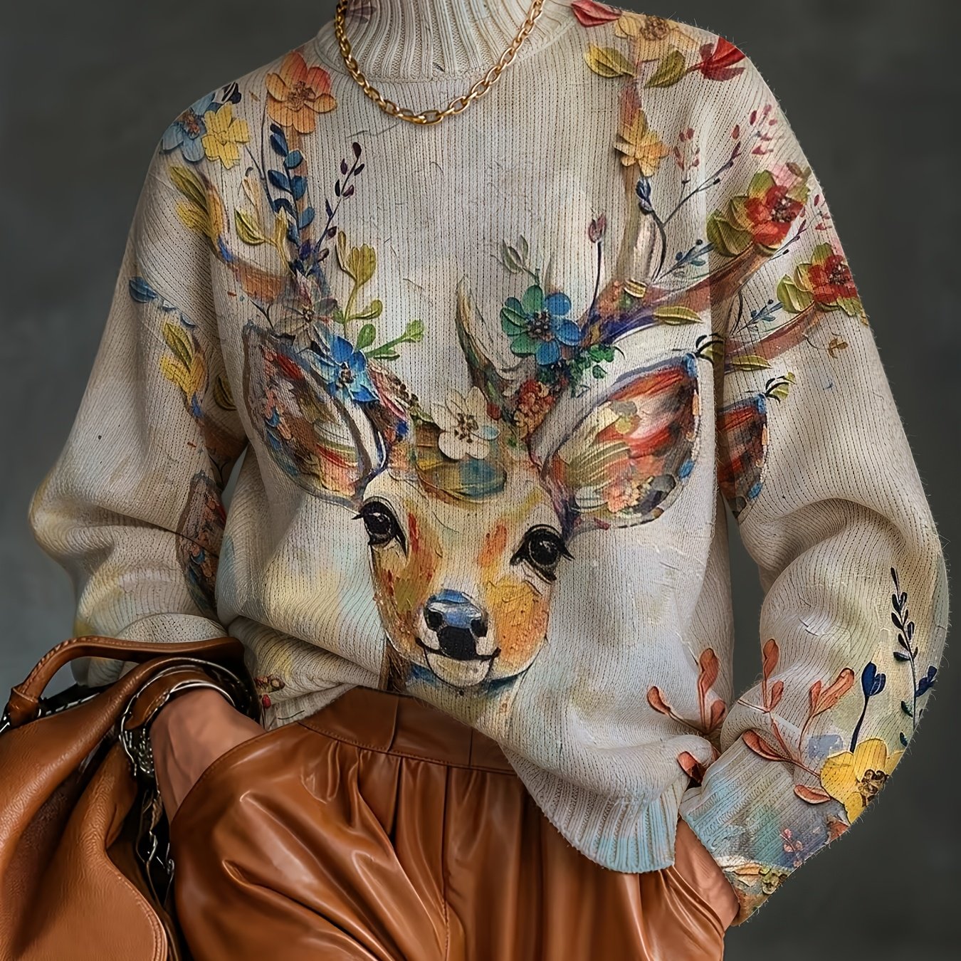 TEMU [2d Digital Printing] Colorful Elk Autumn/winter Half-turtleneck Long-sleeve Bohemian Sweater, Stylish New Fashionable Versatile Pullover,