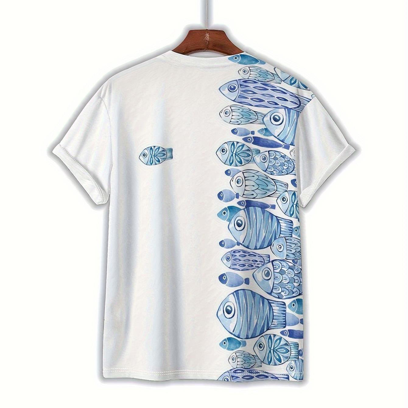 TEMU Men's Fashion Casual Athletic T-shirt, Summer Men, Big- Fish Print Pattern, Round Neck Design, , Polyester, Stretch, Animal Pattern, Spring