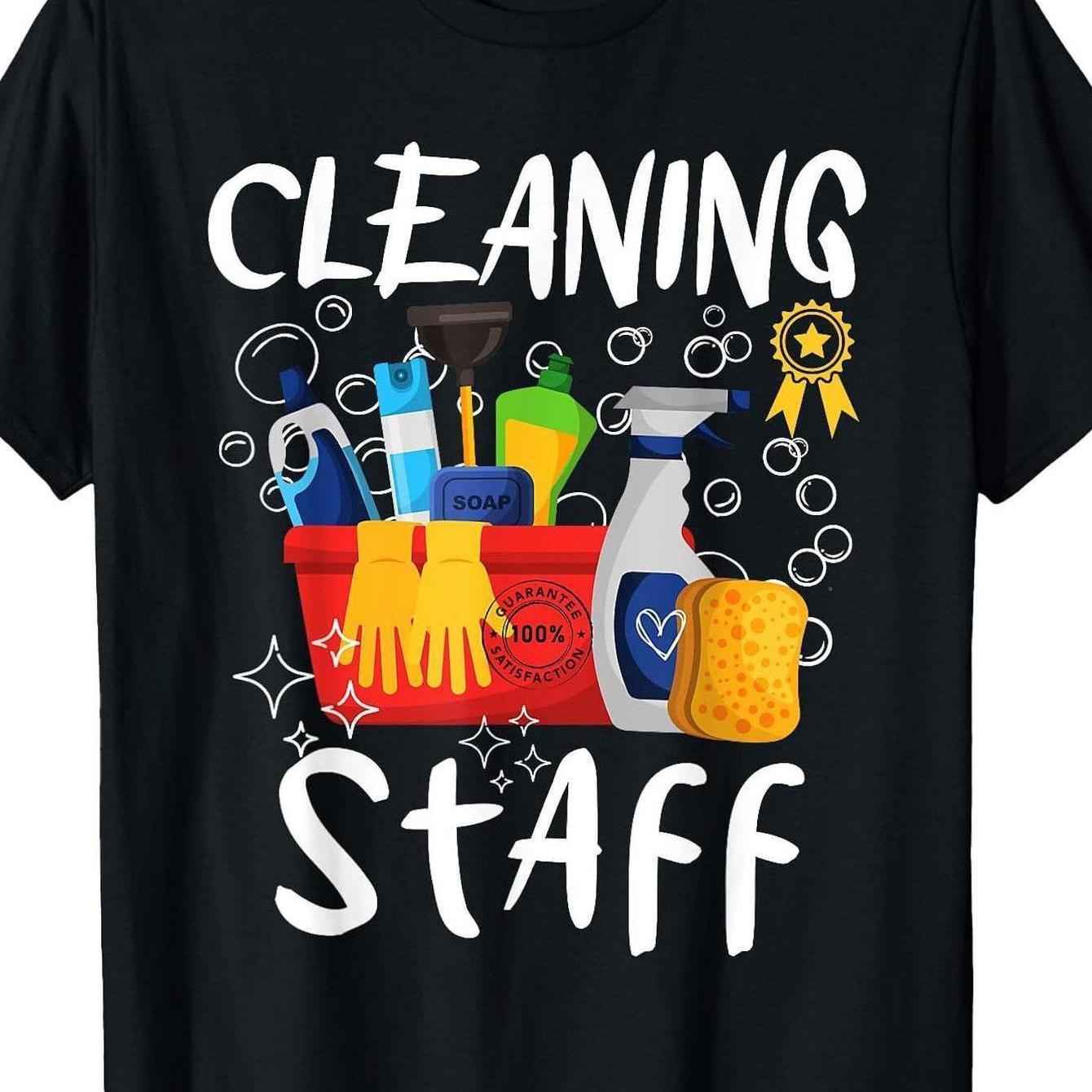 TEMU Men' Themed T-shirt With Mop, Bucket, And Broom Print - Black Crew Neck Workwear - Suitable For Janitors, Hotel Staff - Machine Washable Regular