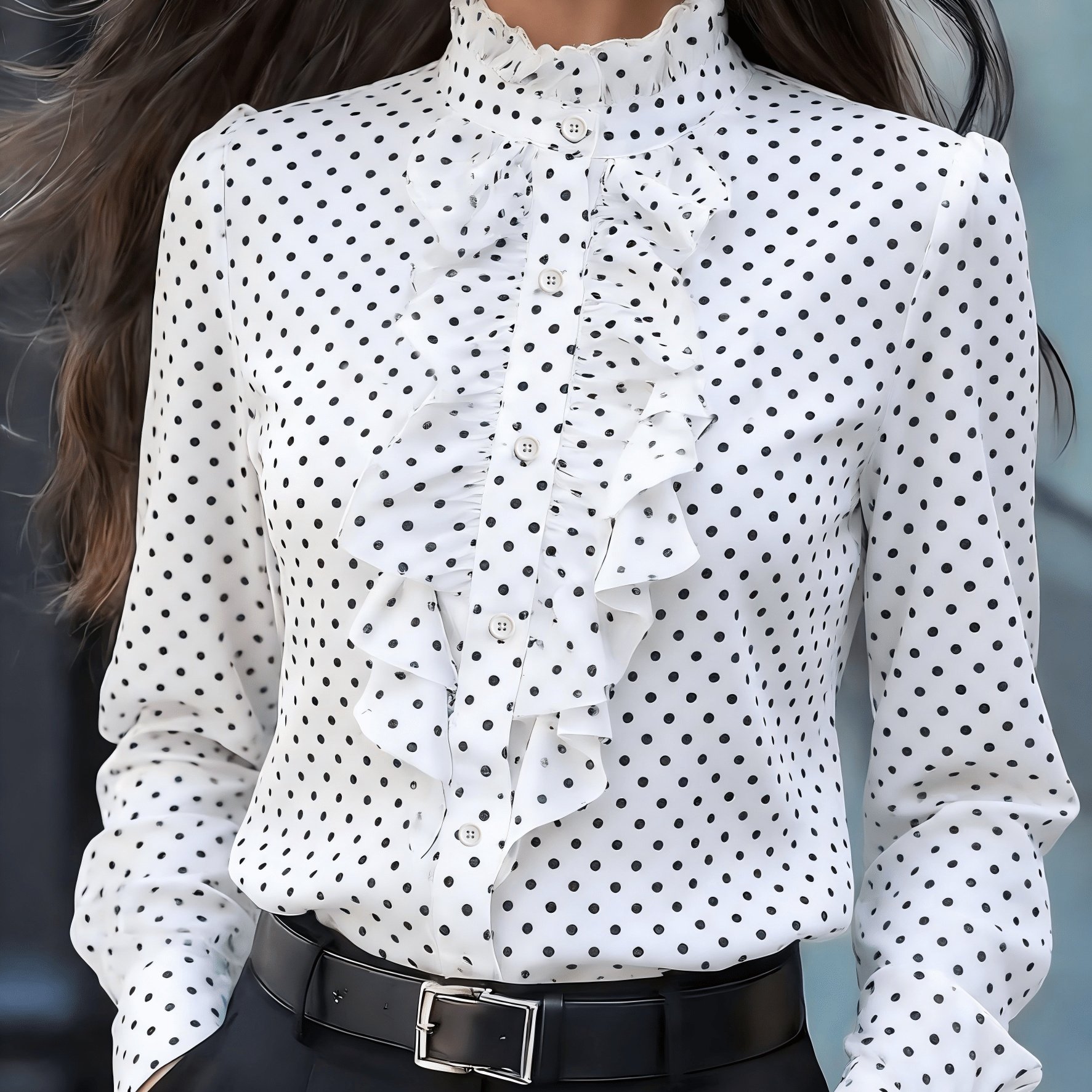 TEMU Spring/autumn Printed Polka Dot Elegant Women's Top With Beautiful Ruffle Button- Shirt