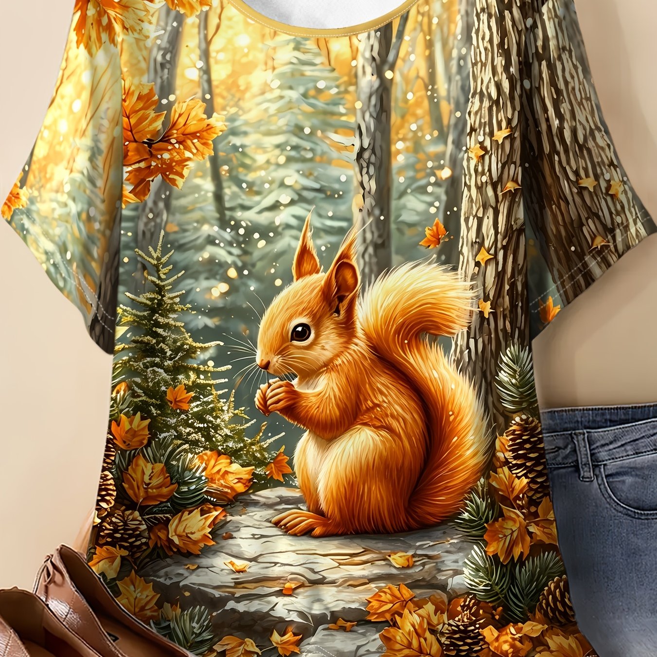 TEMU Women's Summer Plus Size Round Neck T-shirt, Red Squirrel Forest Autumn Scenery Realistic Landscape Print