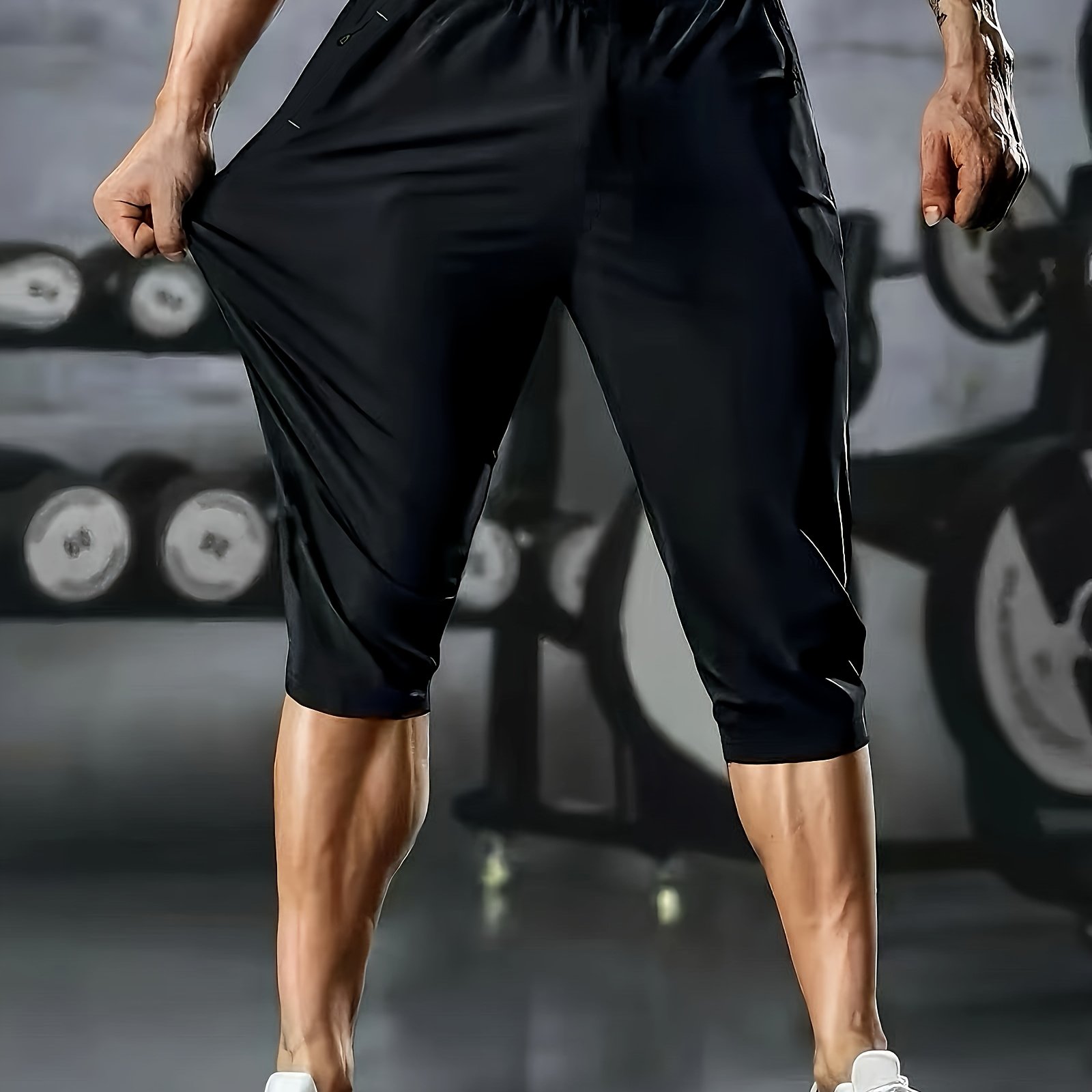 Men'SQuick-DryMid-LengthAthleticShorts-Stretchy,DrawstringWaist,SolidBlack,PerfectforGym&Basketball,WorkoutShorts|SleekGymShorts|GlossyFinish