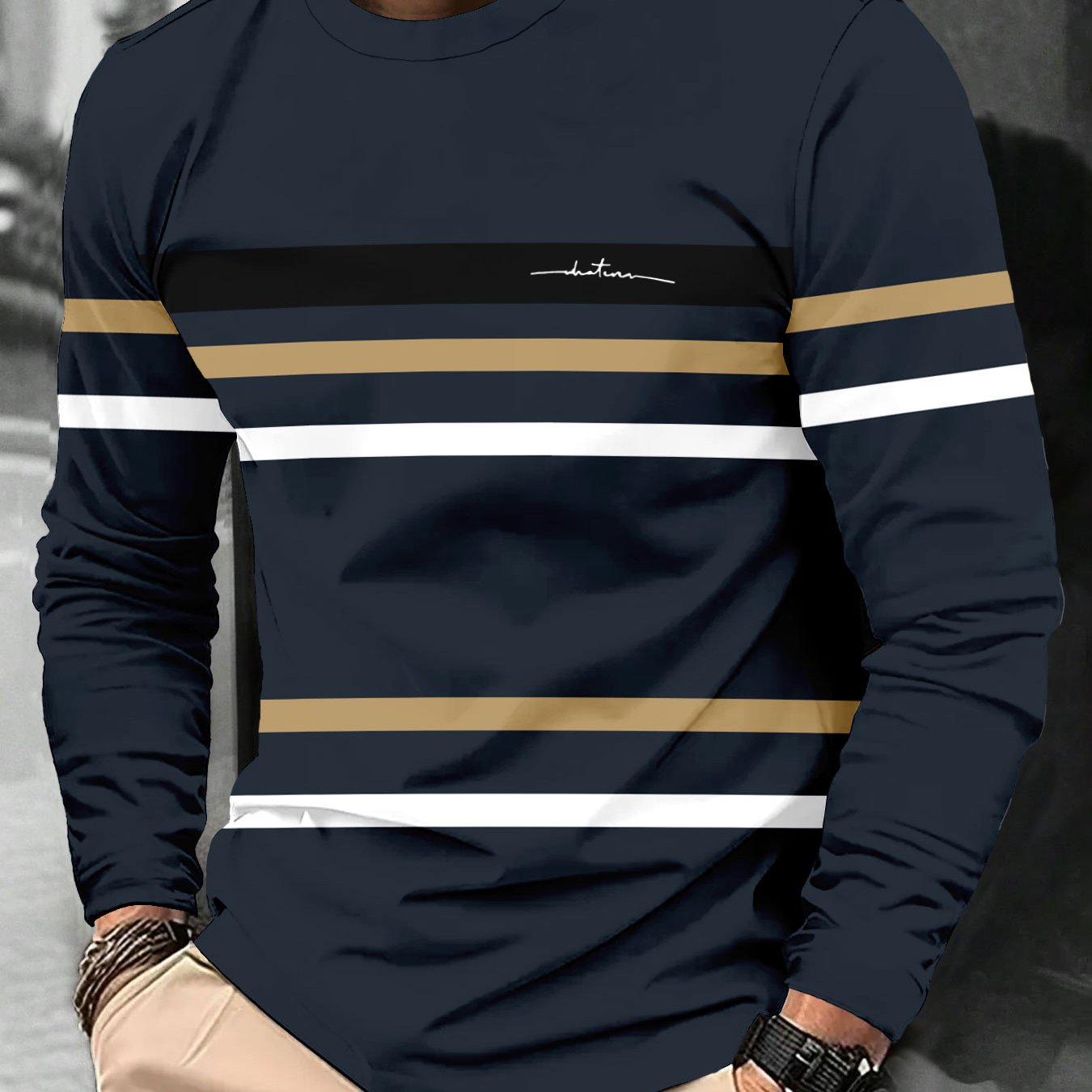 TEMU Fashionable Color-blocking Striped Men's Long-sleeved T-shirt- Striped Design, Casual Round Neck With Letter Print Logo, Suitable For Daily