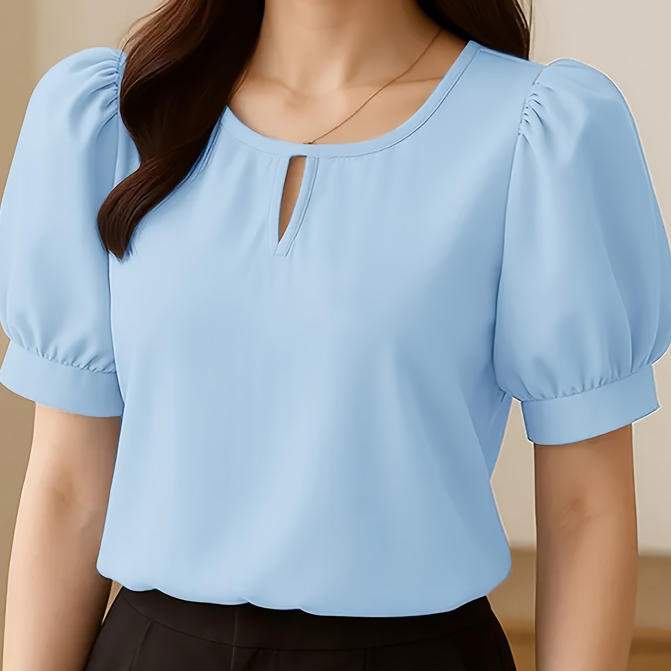 TEMU Women's Fashion Short Sleeve Summer Casual Hollow-out Round Neck Short Puff Sleeve Solid Color Top