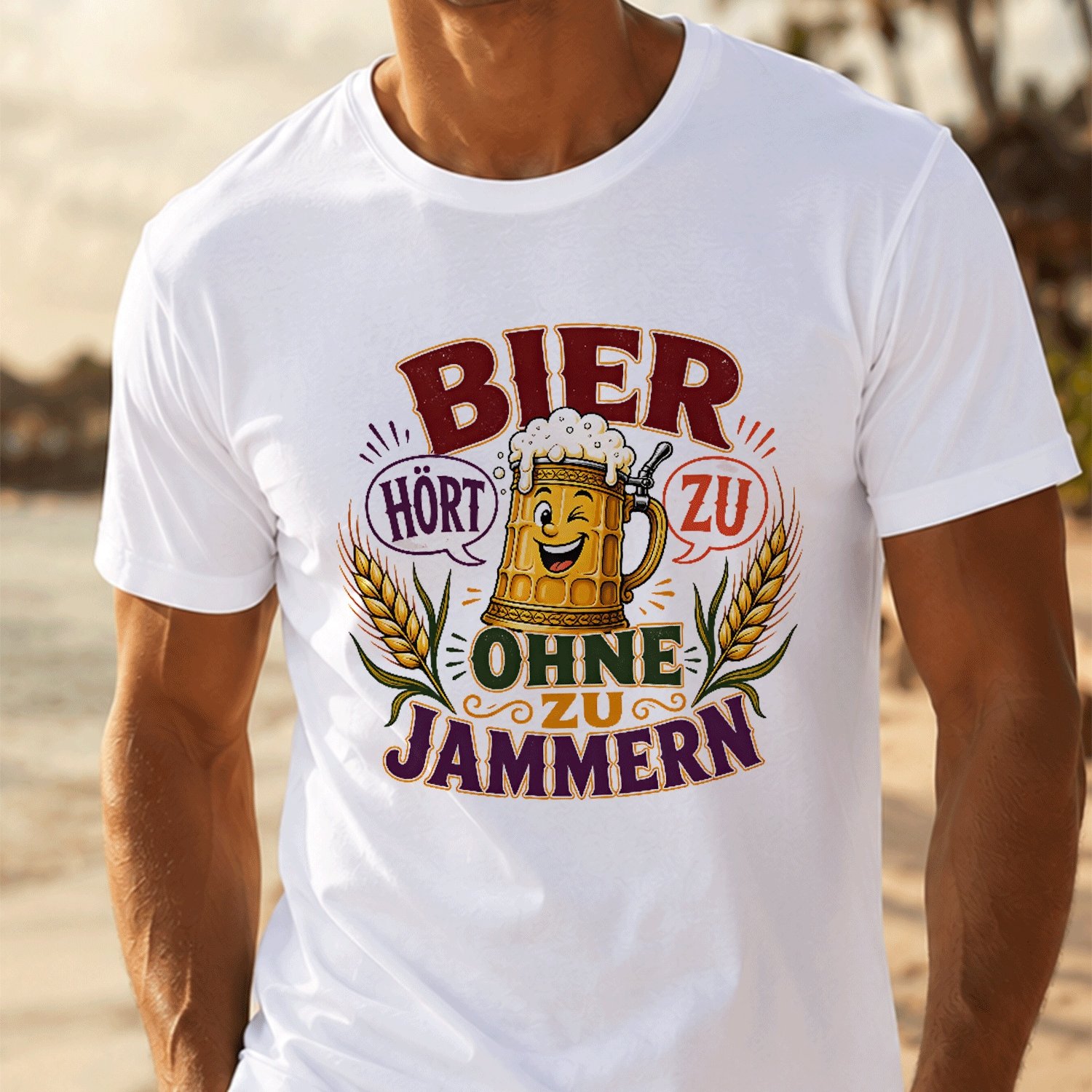 Image of Beer Hoert Zu Ohne Zu Jammern Adult Birthday For Men Summer Casual T-shirt- Lightweight Tee For Seaside Vacation, Beach Resort