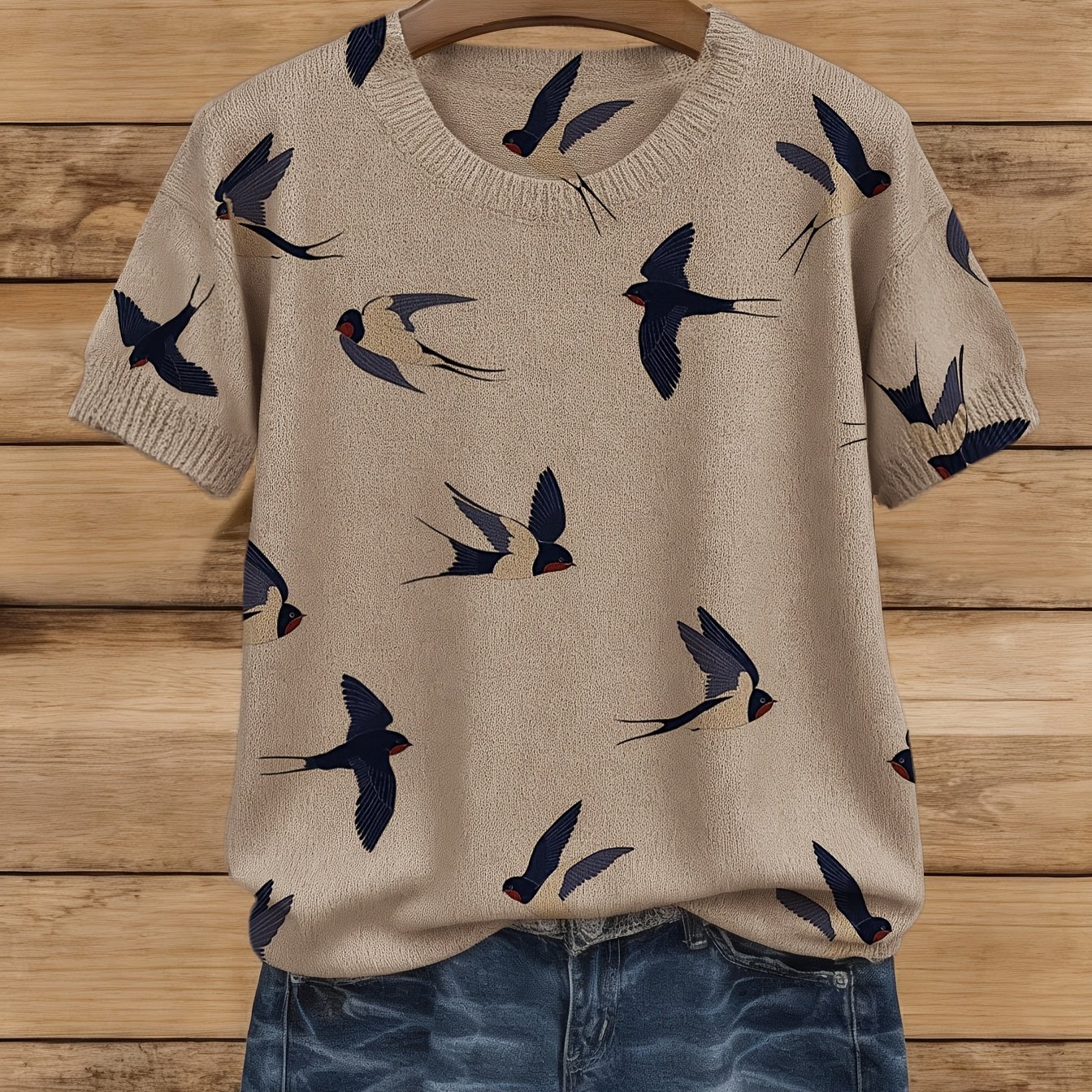 TEMU Women's Vintage Flying Swallow Print Sweater - Short Sleeve Round Neck -compatible Full-body Suitable For Blouses Top | Spring Summer Casual