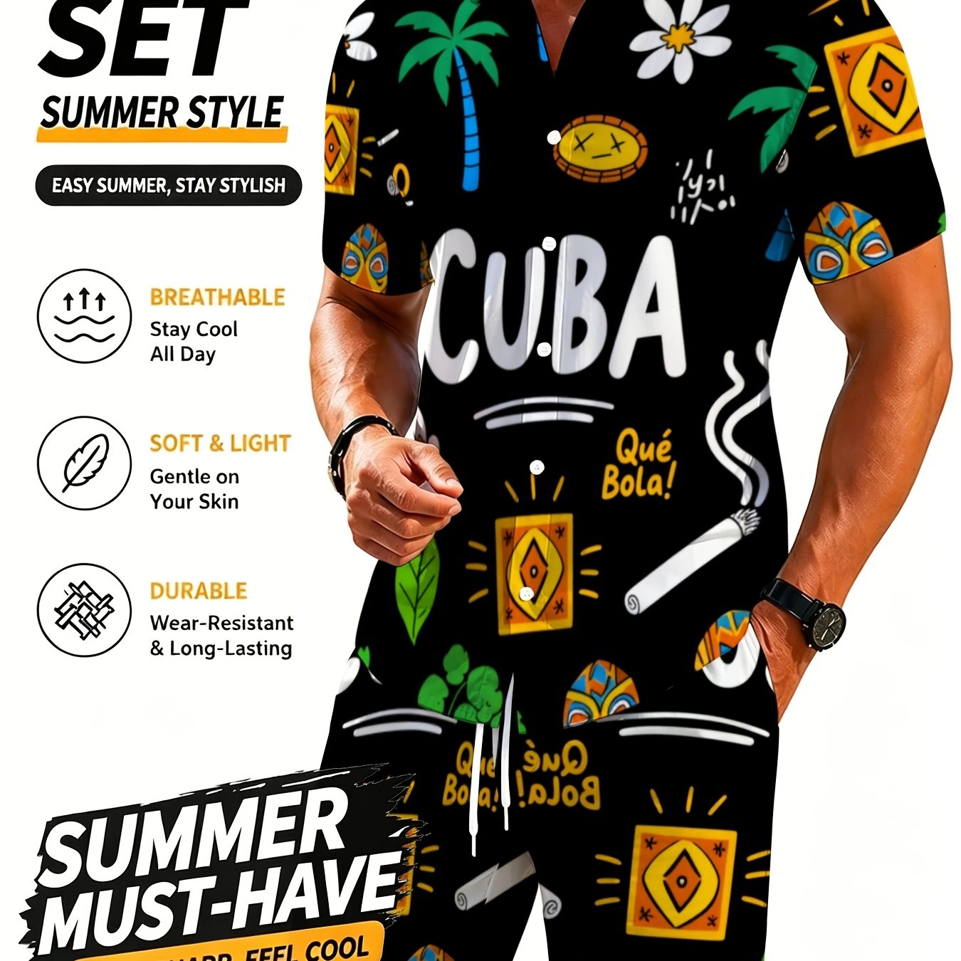 TEMU Conjunto de camisa y pantalón de manga corta para hombre con temática de Cuba, 2 piezas, poliéster, color con estampado tropical, y duradero,
