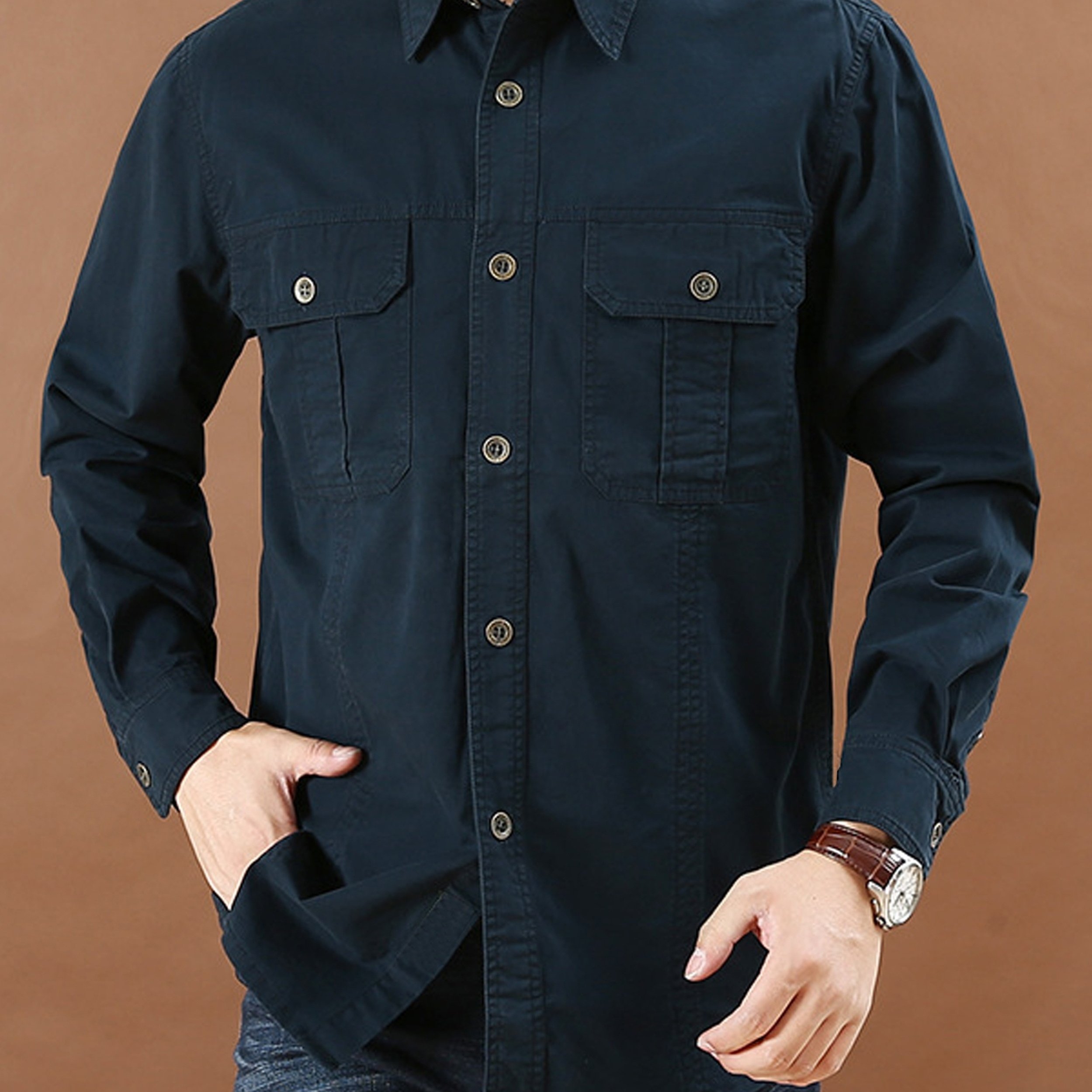 Image of Men's Long-sleeved Shirt Spring And Autumn Style Loose And Casual Fashionable With A Lapel Workwear Top, Plus Size