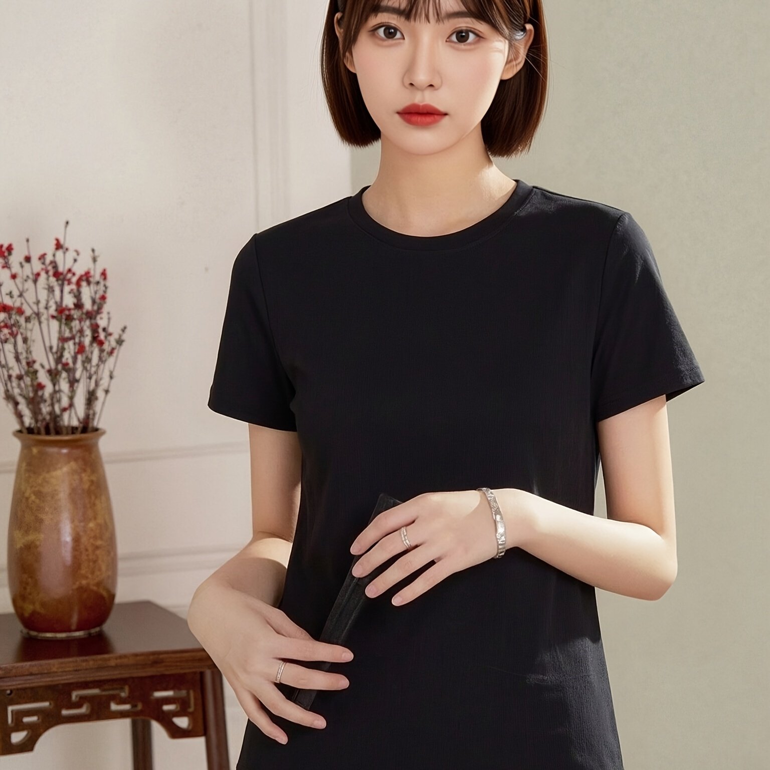 TEMU Y2k High-end Black Crew Neck Short Sleeve Women's Versatile Regular Shoulder T-shirt, Simple Commuter Basic Top