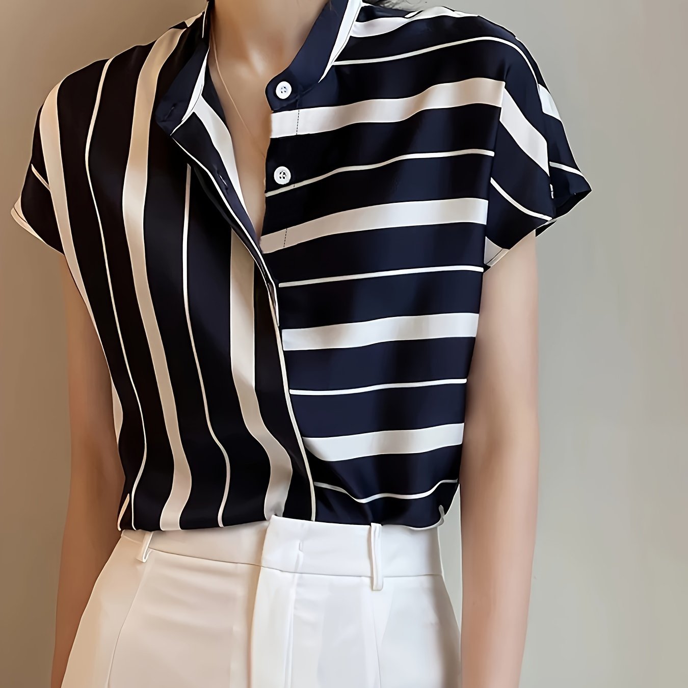 TEMU Elegant Striped Short Sleeve Blouse - Polyester, Asymmetrical Hem, Stand Collar, Machine Washable - Ideal For Casual Or Dressy Looks