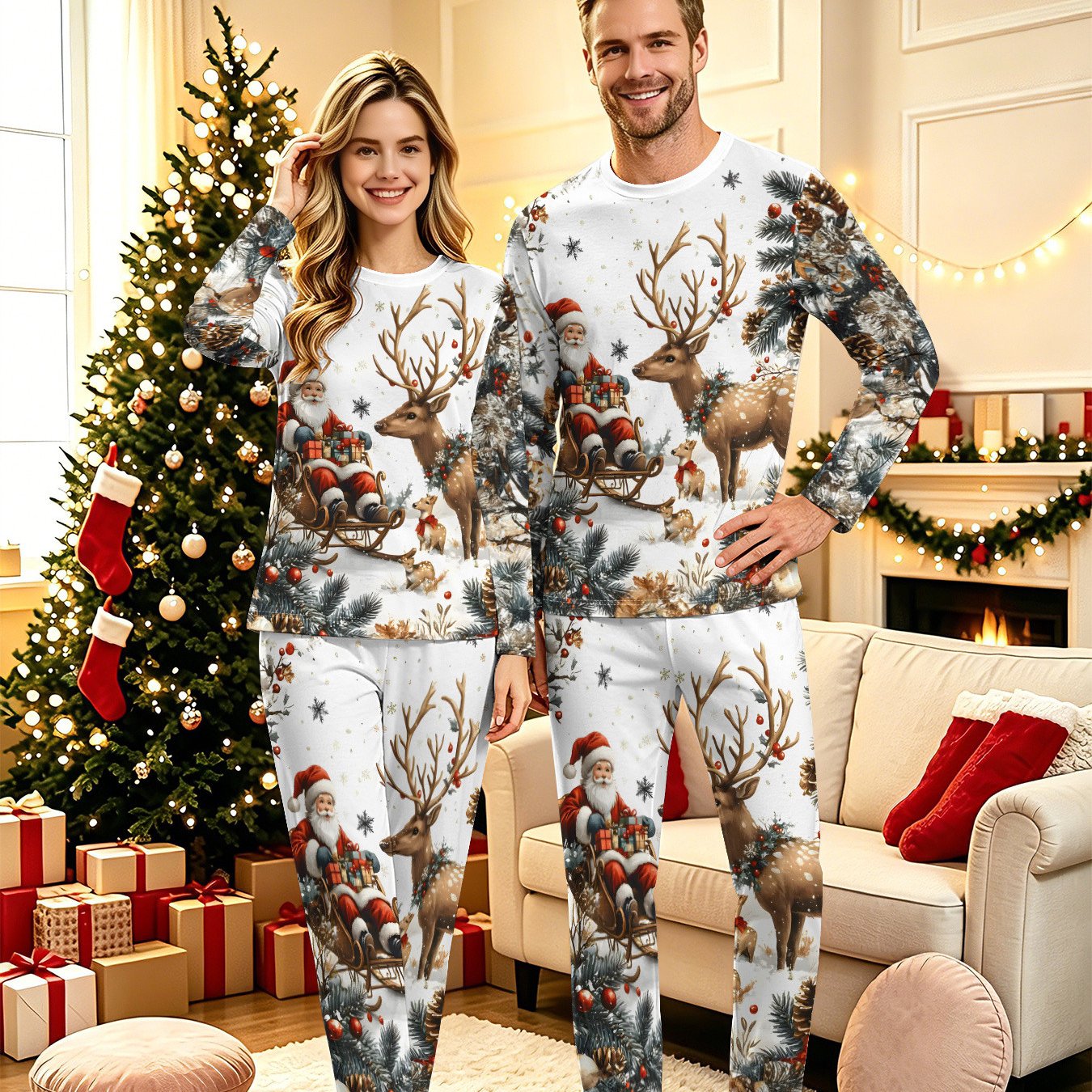TEMU Conjunto de regalo de Navidad para hombre/mujer para reuniones familiares - Un pijama con temática navideña, ropa casual y acogedora para las