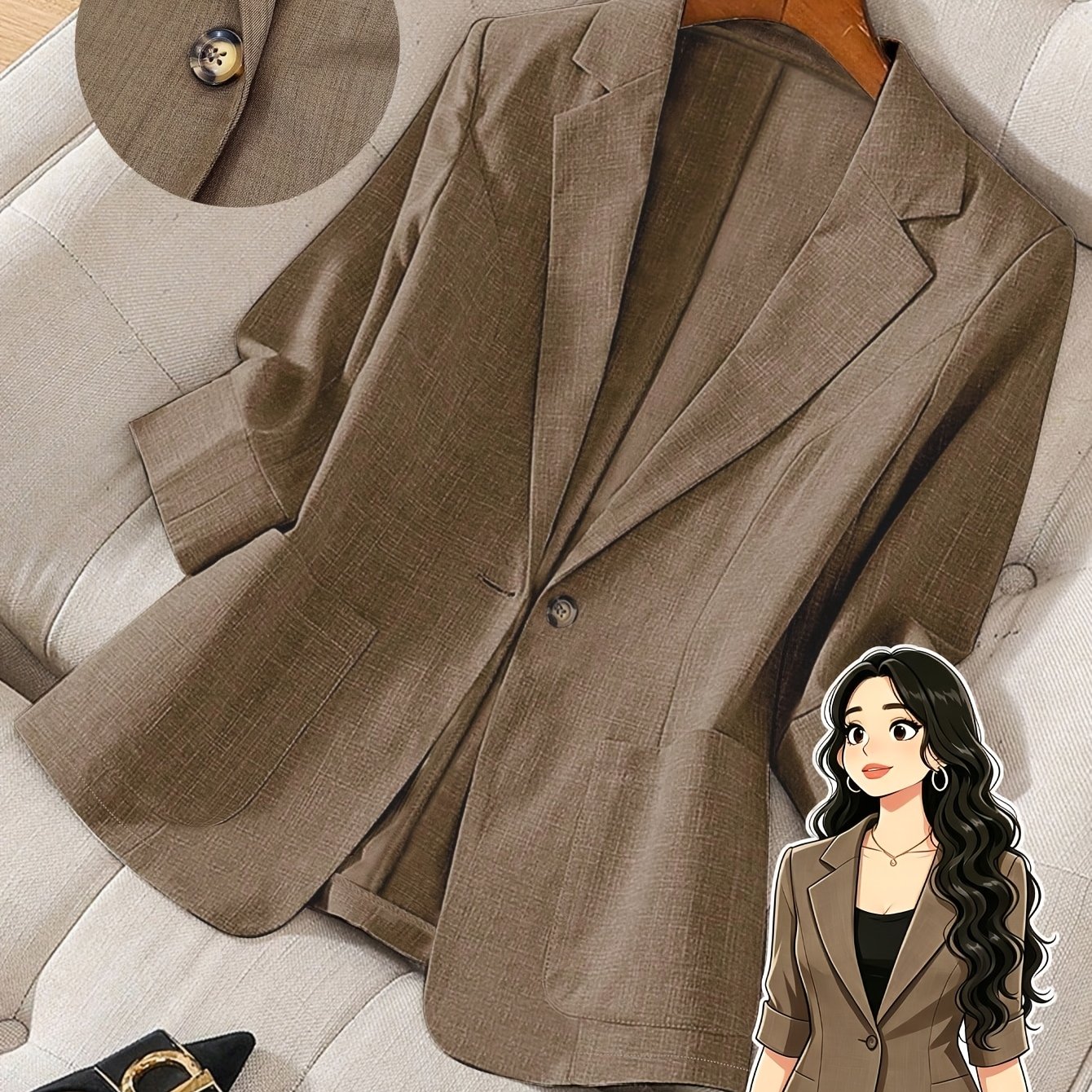 TEMU Plus Size Women's Commuter Solid Color Easy Lapel 3/4 Sleeve Suit Jacket