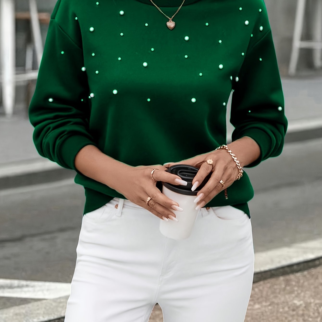 TEMU New Autumn/winter Women's Fashion Sweatshirt With Round Neck, Long Sleeves, And Beaded Embellishments