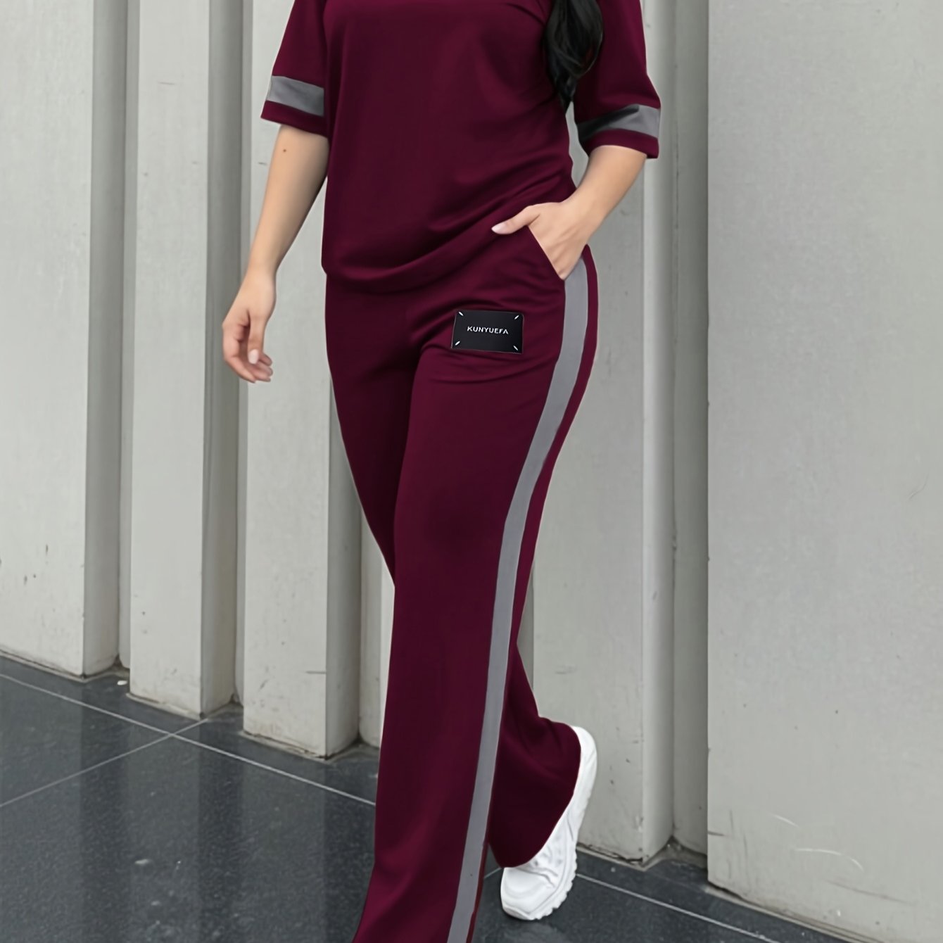 TEMU Neues elegantes Freizeit-Zweiteiler-Set für Damen mit bequemem T-Shirt mit Rundhalsausschnitt, Kurzarm, Farbblock-Patchwork, bequemer