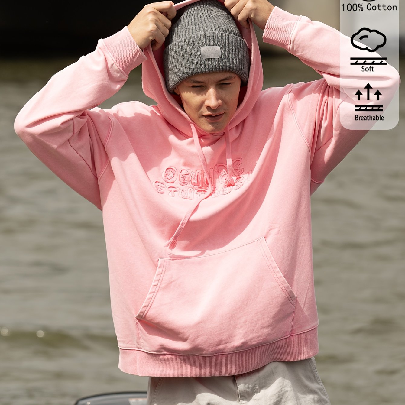 Image of Men's Pure Hooded Sweatshirt | Soft And Breathable Casual Long-sleeved Top With Pockets For Spring And Autumn