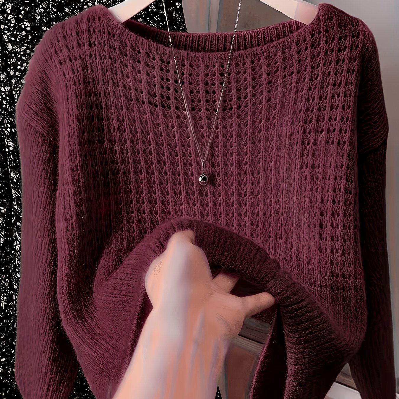TEMU Women's Hollow Out Pullover, Lightweight Crochet Top, Crew Neck Long Sleeve Solid Color Casual Layering Top For Daily Wear, Travel & Streetwear,
