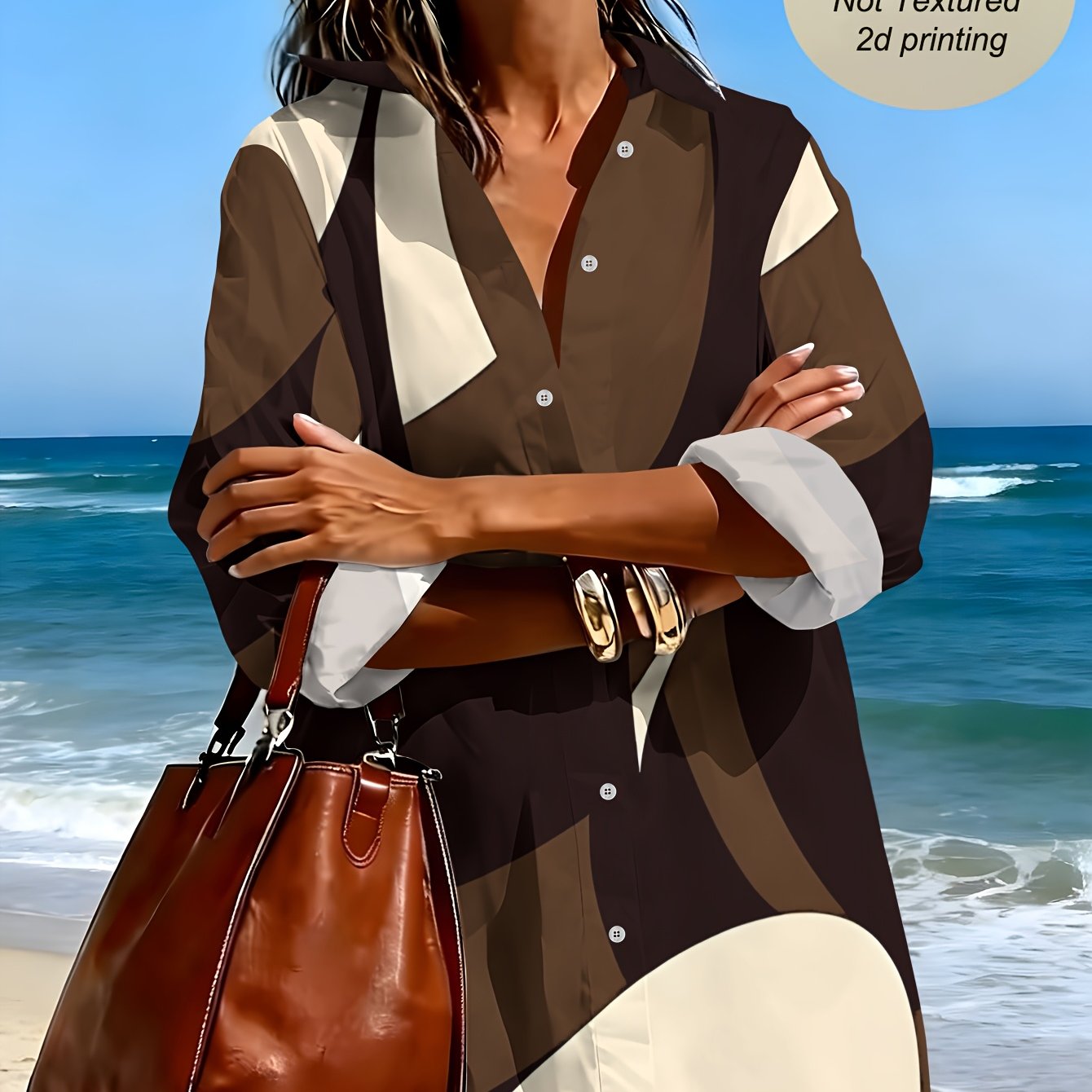 TEMU Women's Long-sleeve Shirt With Abstract Geometric Print On A Dark Brown Base, Suitable For Casual, Commuting, And Vacation Wear