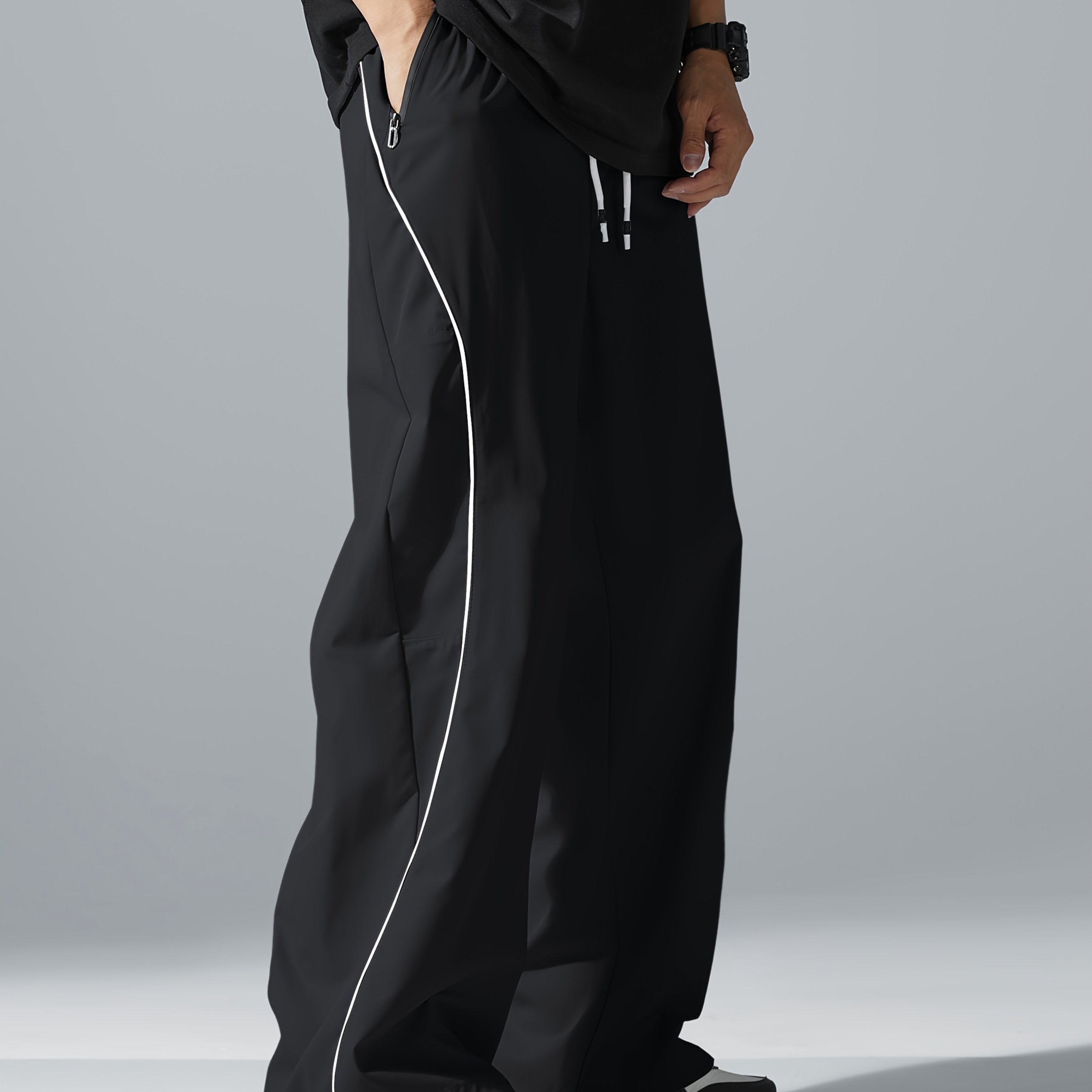 TEMU A Pair Of Moderately Elastic Loose-fitting Casual Pants - Street-style Joggers - Lightweight Polyester Track Pants With Side Stripes, Pockets,
