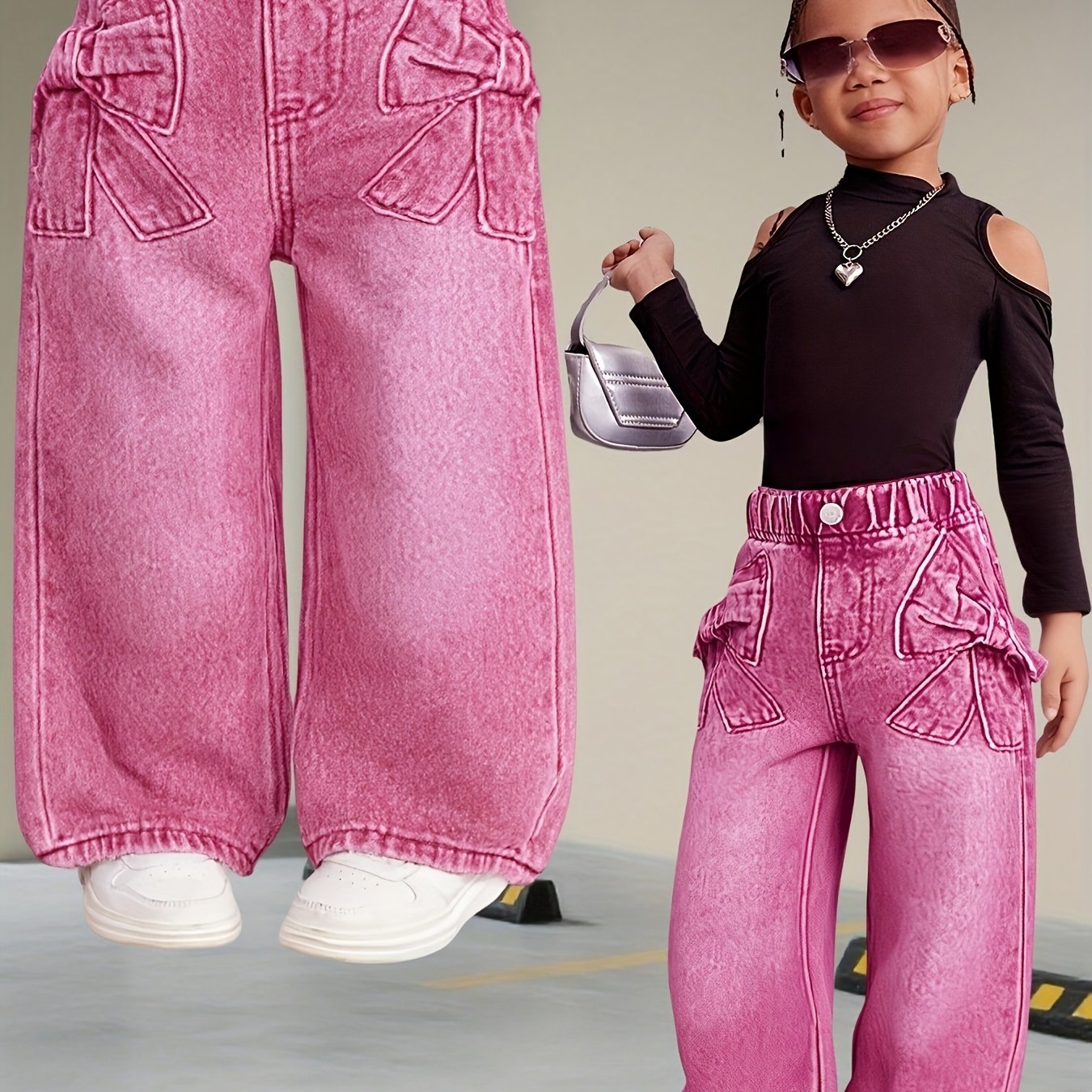 Image of Young Girls' Casual, Versatile, Cute Bow, Pocket, Comfortable, Loose Wide-leg Washed Denim Pants, Suitable For Daily Wear.