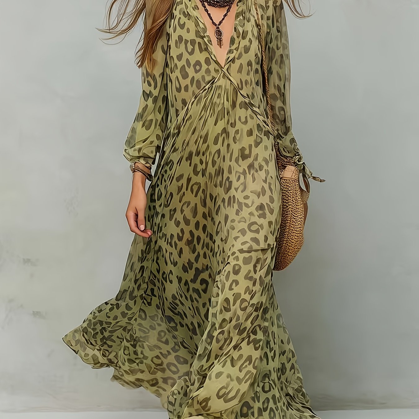 TEMU Spring/summer Versatile Elegant Fashionable Casual Semi-transparent Olive Green Long Sleeve Cuff Tie Irregular Leopard Print V-neck Bohemian