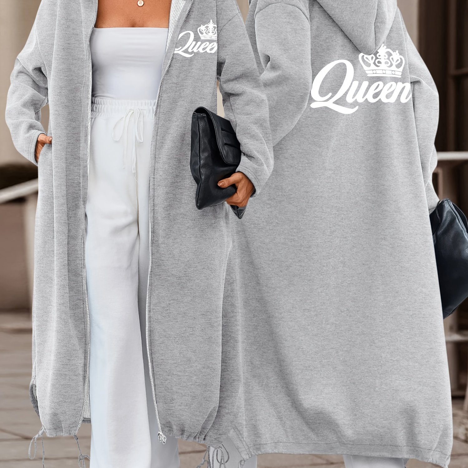 TEMU Women's Casual Fashion Long Hooded Jacket With Front And Back Print Of   "queen" Lettering, Comfortable And Versatile For Daily And Multiple