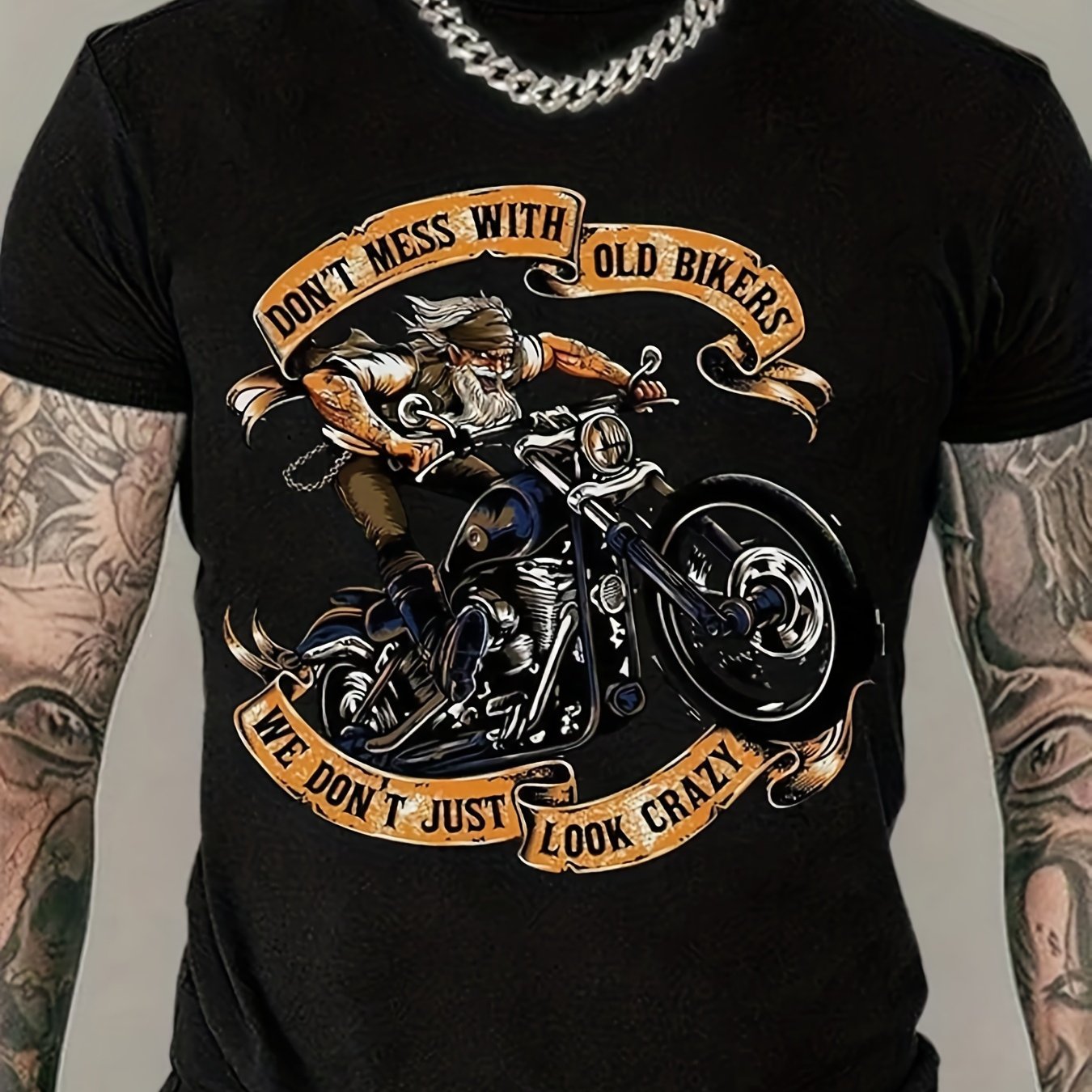 Men's Plus Size Motorcycle T-shirt - "don't Mess With Old Bikers" Biker Design, Loose Fit For Tall, Breathable Crew Neck Tee, Suitable For Casual Riding & Gifts For Bikers, Clothing