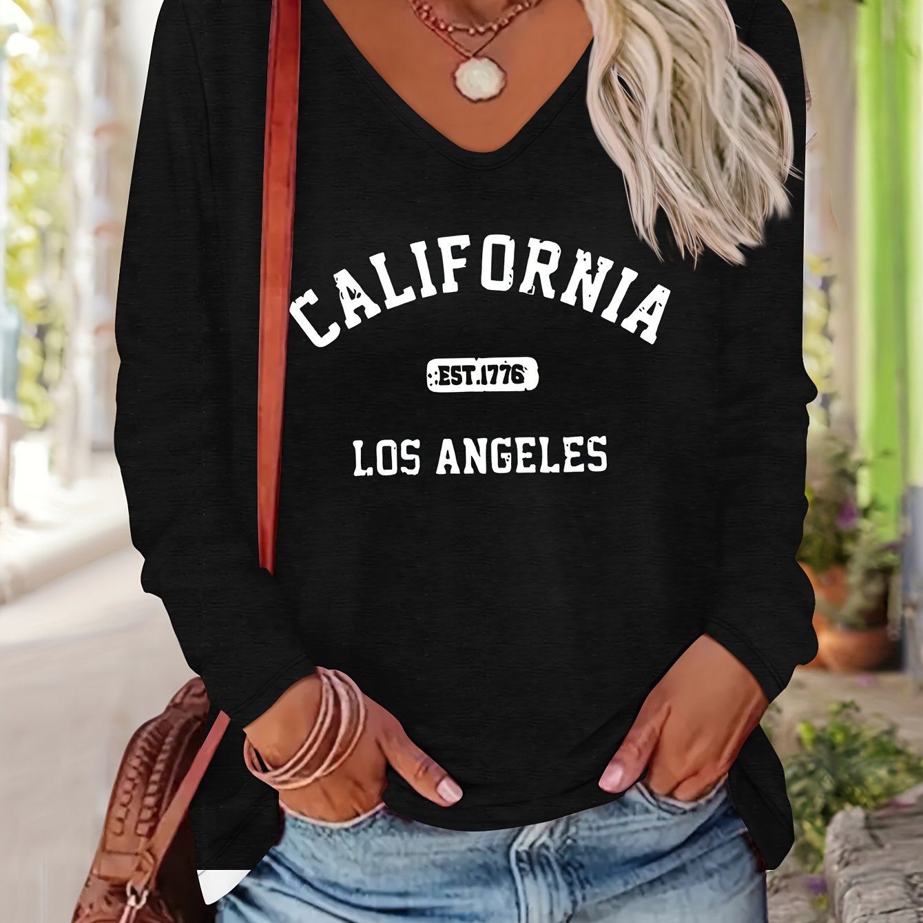 TEMU Los Angeles California Letter Print Women's Autumn/winter Top, Daily Versatile Simple Comfortable Casual Colored V-neck Long Sleeve T-shirt