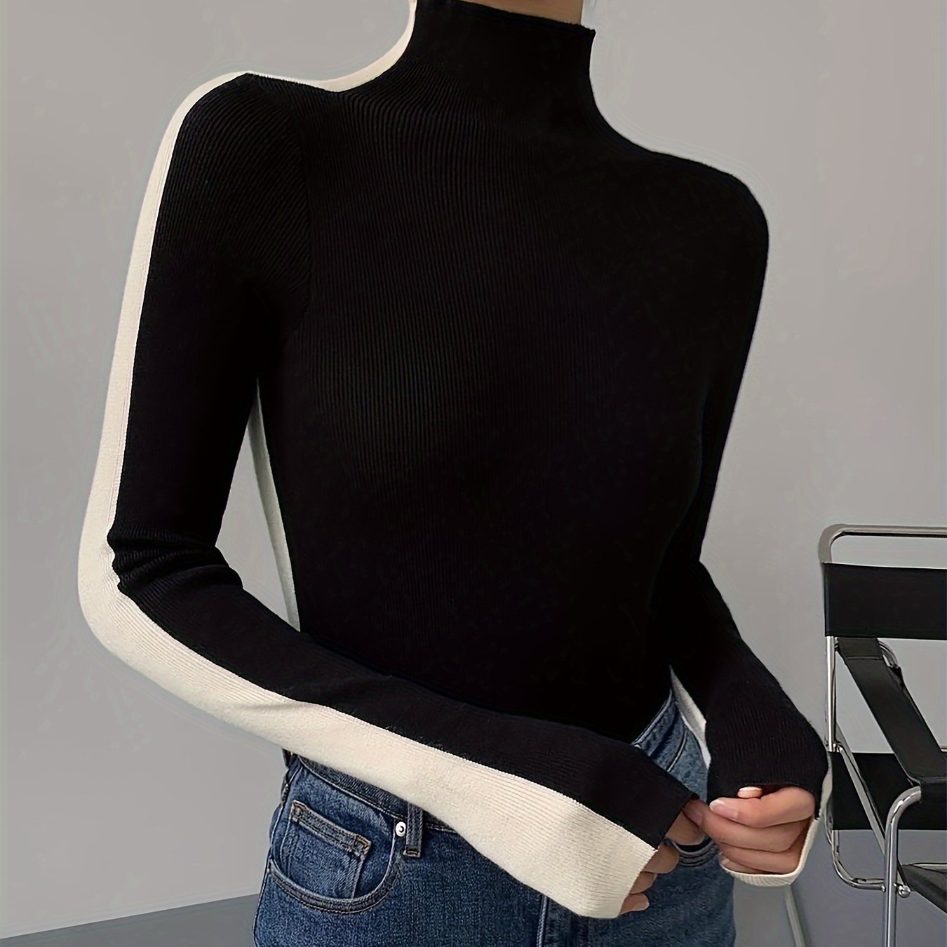 Base Sweater, Spring Autumn Winter Round Neck Top, Color-block Sweater, Contrast Reversible Design, Women's Clothing Top