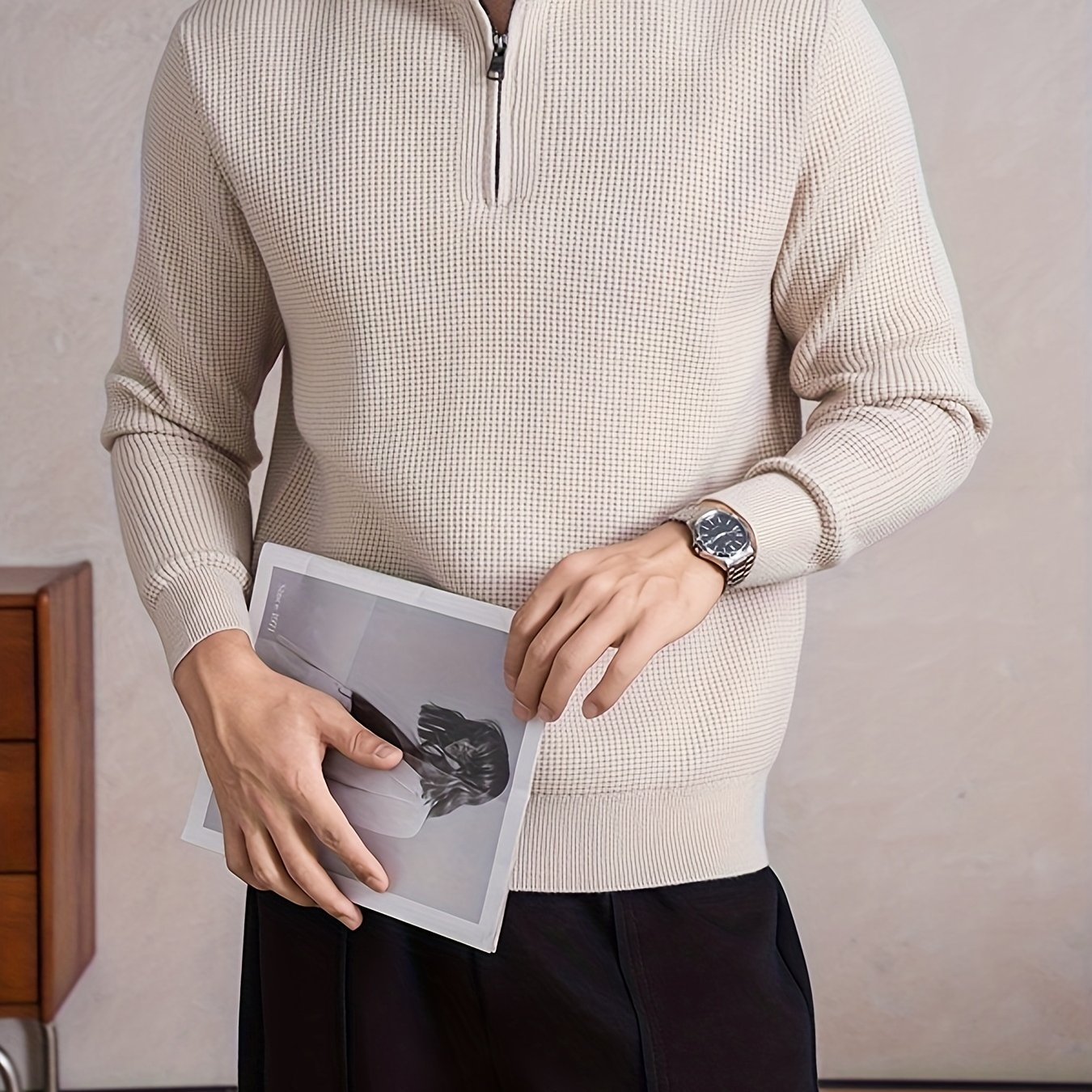 2025Осенне-ЗимняяНовинка:Серия"СтарыеДеньги"–УтолщенныйИскусственныйНефрит,MIG-Стежок,ПолувысокийВоротникнаМолнии,МужскойВязаныйСвитеризШерстянойСмеси