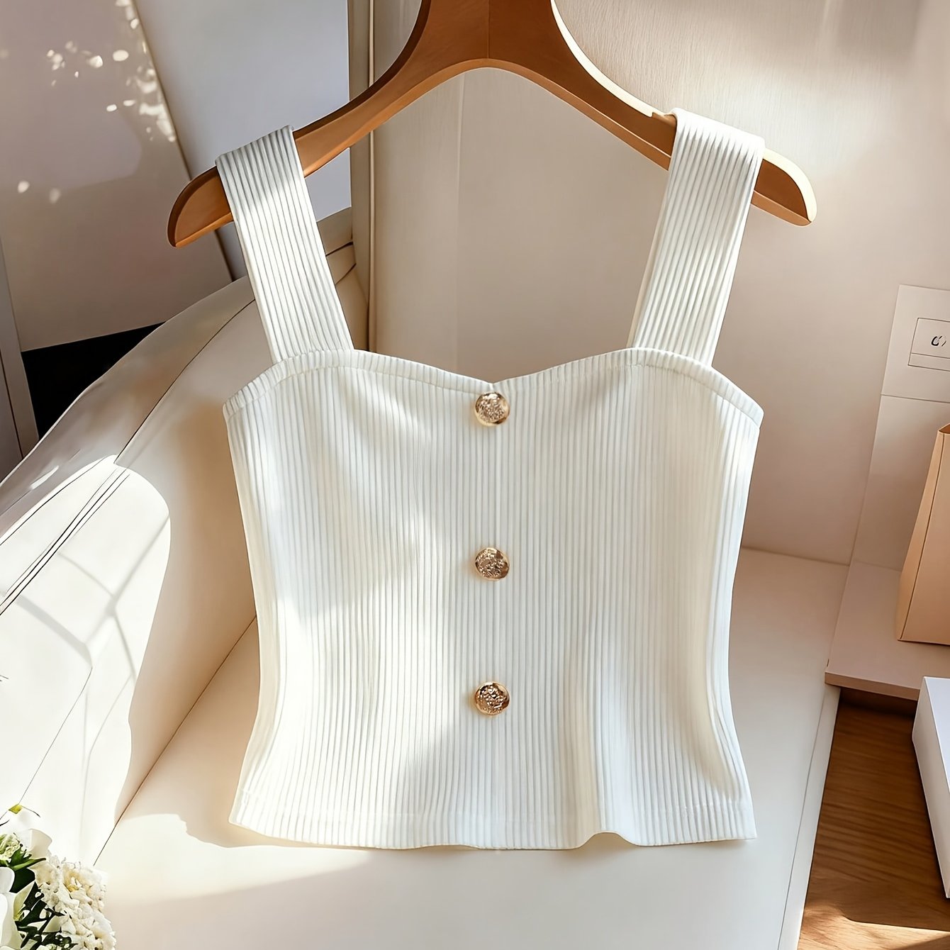 TEMU Sommer-Top für Damen, taillierendes Trägertop mit Schulterträgern, herzförmiger Ausschnitt, Metallschnallen-Dekoration, stilvoll vielseitig für