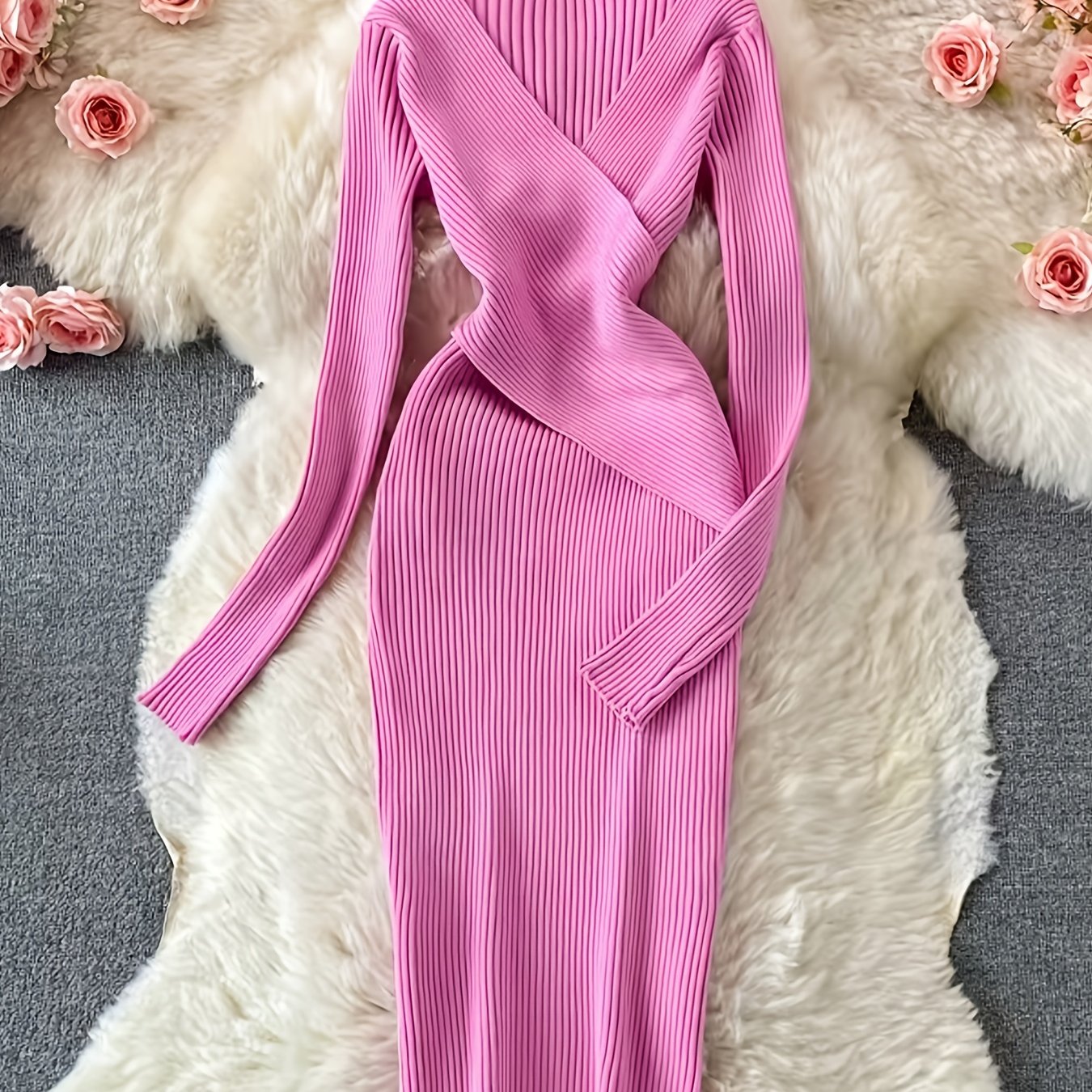 E-shop Herbstliches Pulloverkleid für Damen mit V-Ausschnitt, langen Ärmeln, gerippt, figurbetont, schmale Passform, Midikleid, geraffte