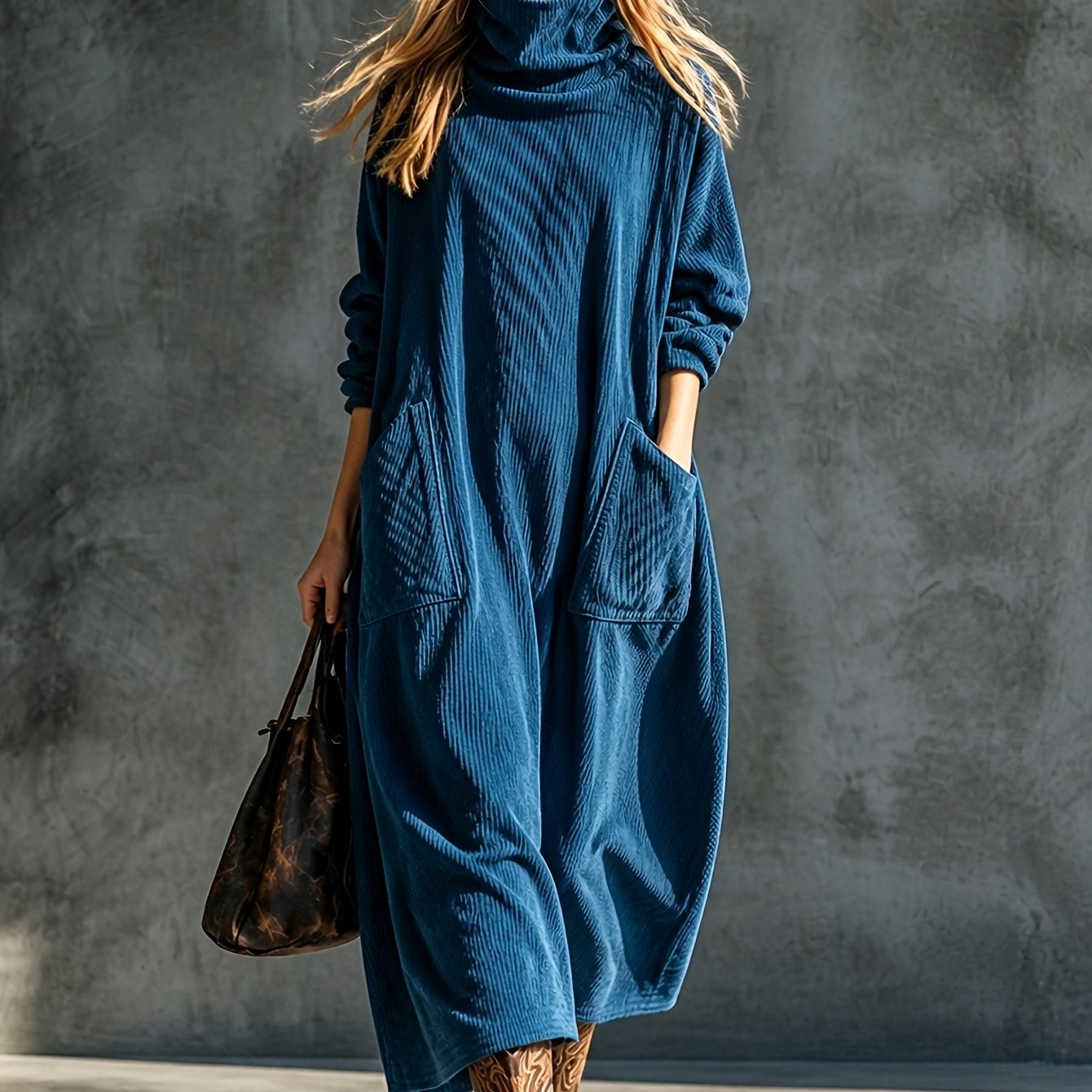 TEMU Robe longue à col et coupe bouffante en velours pour femme grande taille, style décontracté vintage avec grandes poches à , silhouette pour un