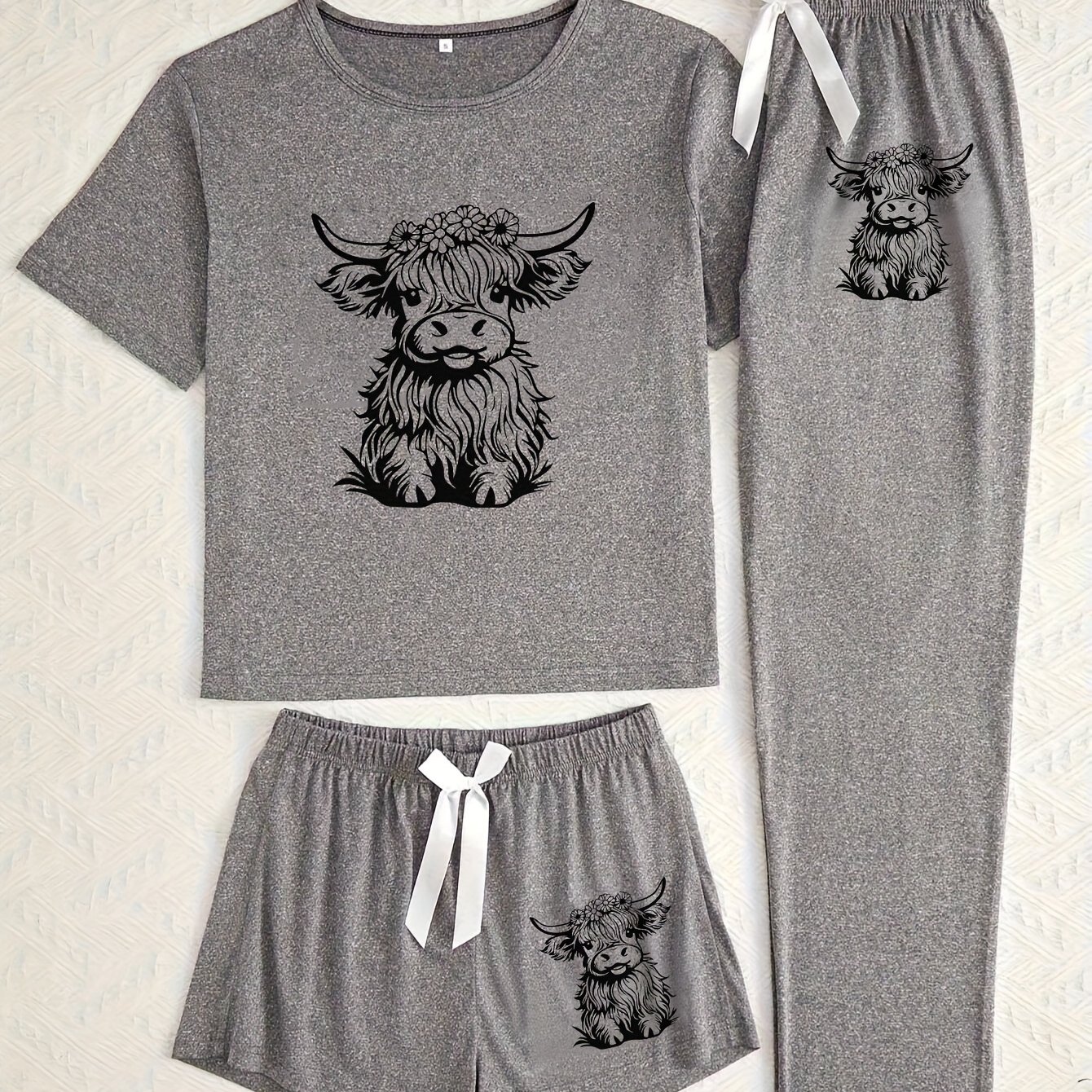 Short Sleeve Shorts Long Pants Three-piece Pajama Set For Women With Highland Cow Print