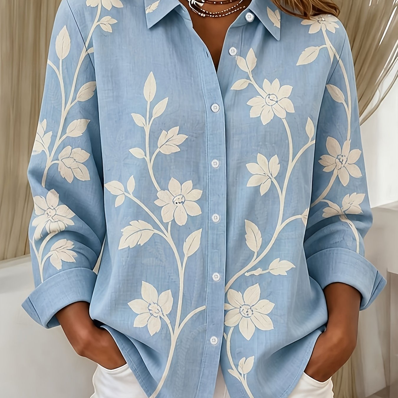 TEMU Women's Blouse Button-print Floral Pattern Elegant Vintage Tropical Long Sleeve Shirt Collar Regular Top Casual Daily Work Spring Autumn Shirt