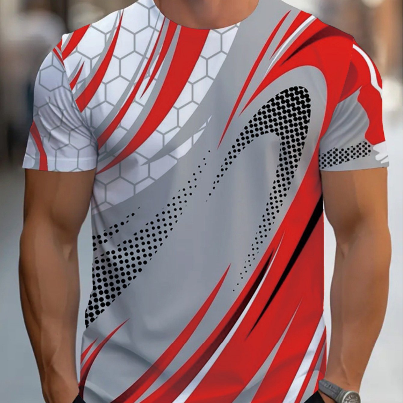 TEMU Men's Red & Gray Geometric Full-body Print T-shirt - Short Sleeve Round Neck Casual Summer Shirt, Regular Fit - With Durable Fabric For Casual