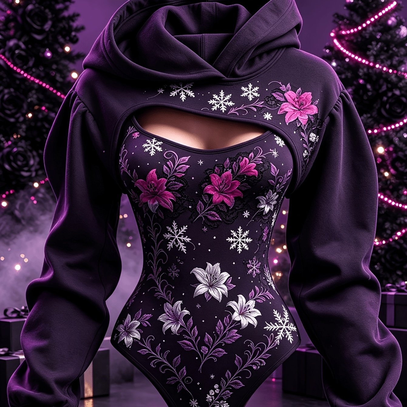 Image of Women's 2pcs Outfit, Dark Purple Hooded Short& Lily Print Romper Set, Form-fitting Holiday Party Outfit Hooded Romper Top